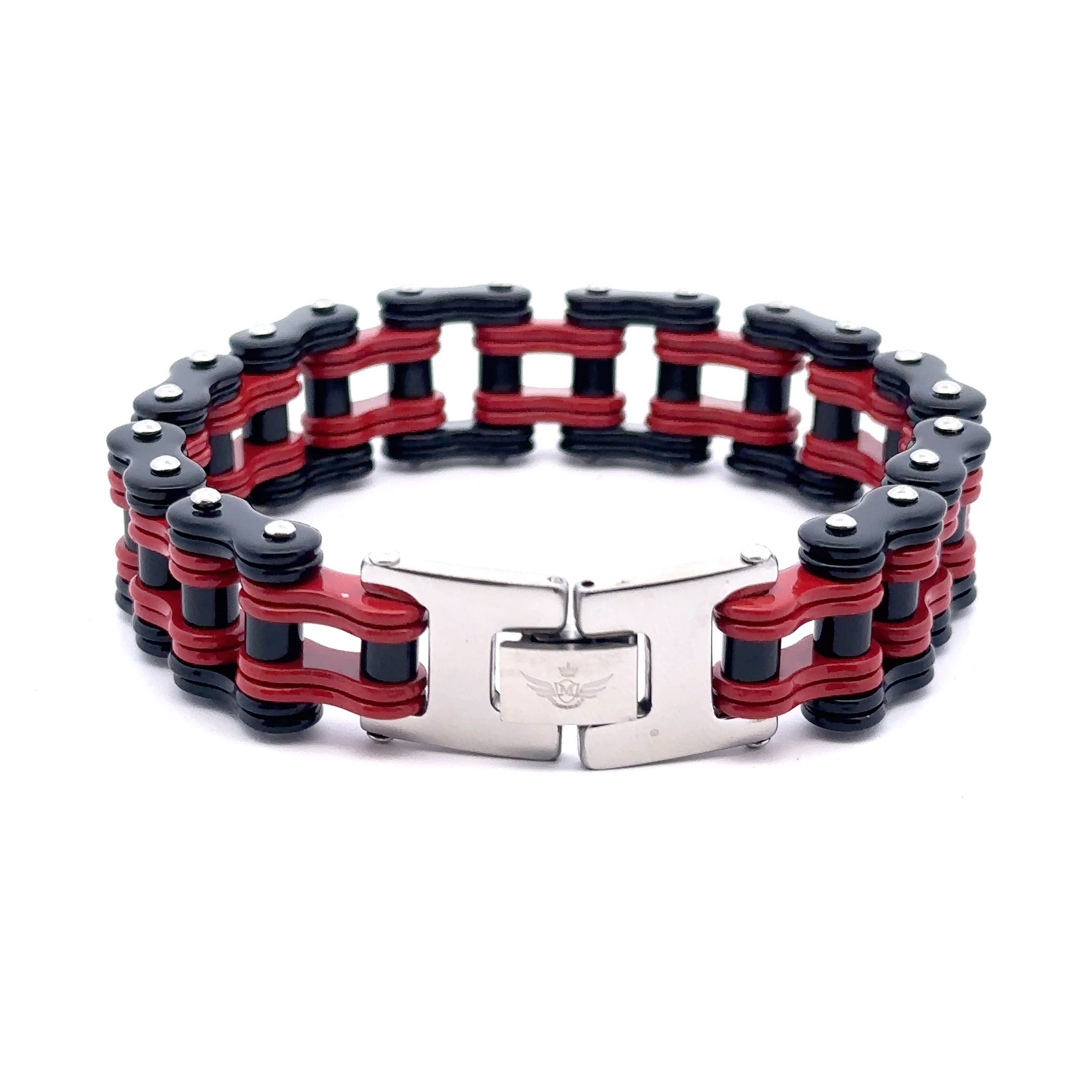 OSCURO Steel Red Black Iced Out Bracelet featuring a modern design with sparkling stones, perfect for enhancing any outfit.