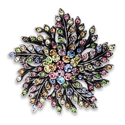 OT627 Antique Silver White Metal Brooch featuring multi-color top grade crystals, showcasing intricate design and vintage charm.