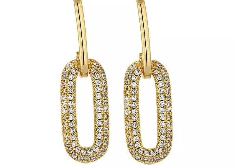 Elegant oval geometric drop dangle earrings featuring cubic zirconia and 18k gold plating, showcasing a luxurious design.