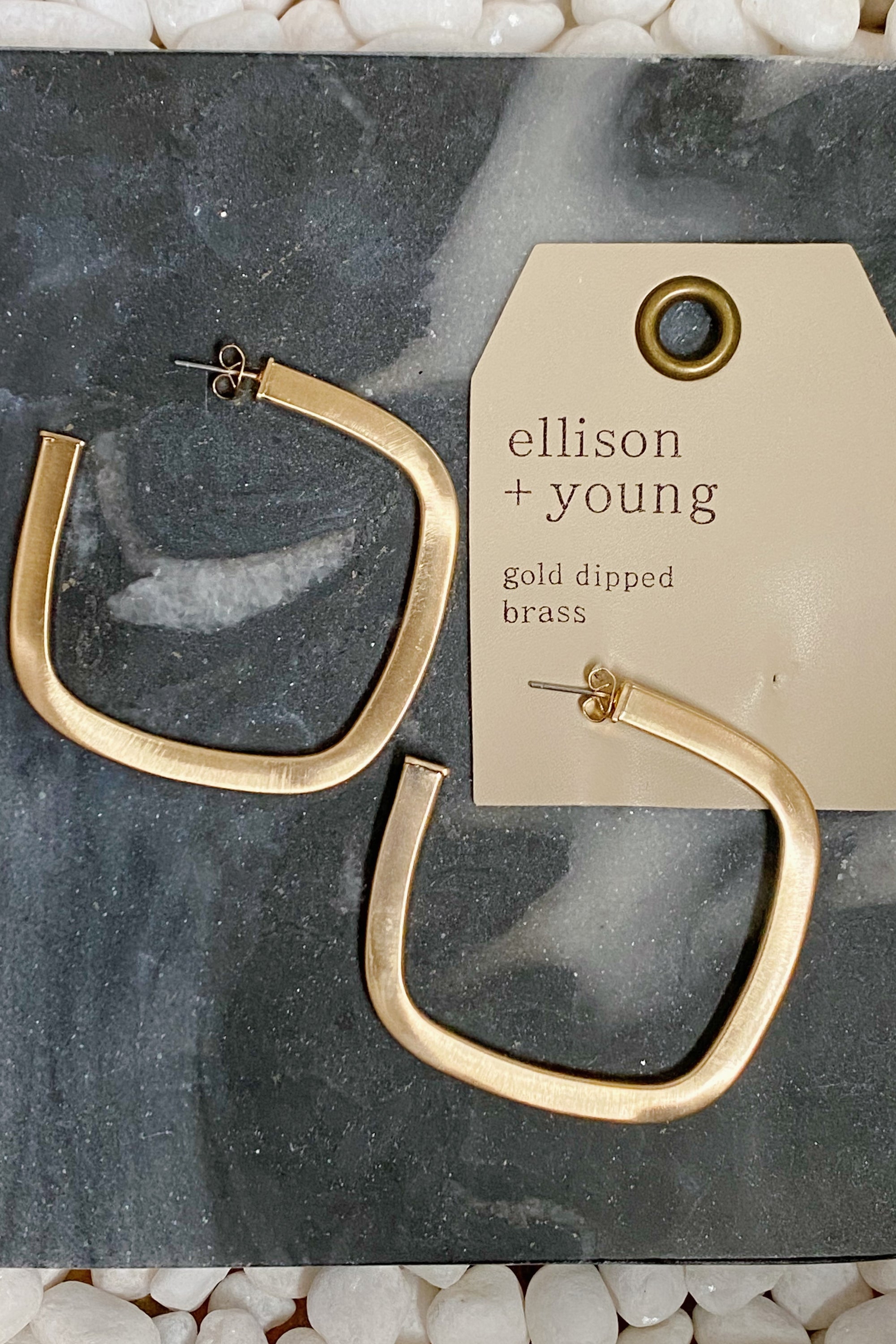 Overall Luxe Square Hoop Earrings with satin finish gold plating in an open square shape, showcasing their lightweight design.