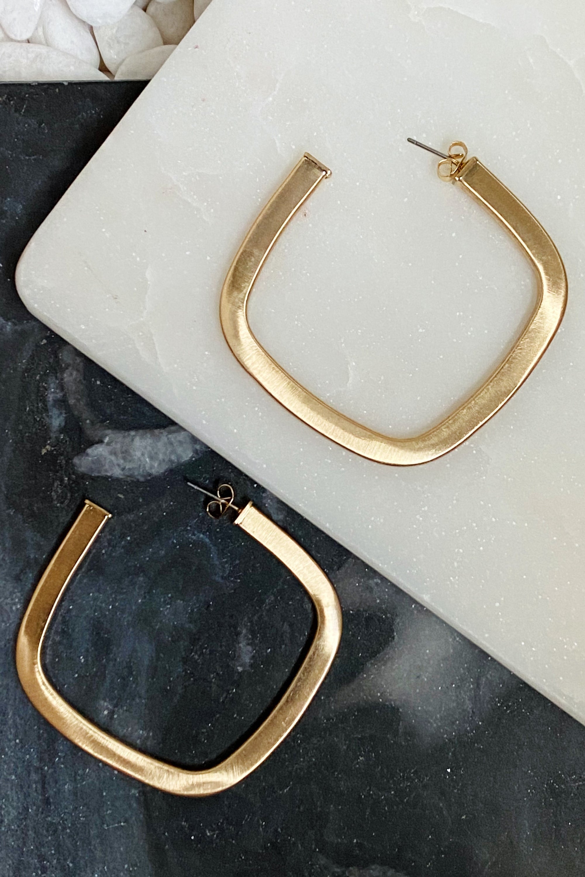 Overall Luxe Square Hoop Earrings with satin finish gold plating in an open square shape, showcasing their lightweight design.