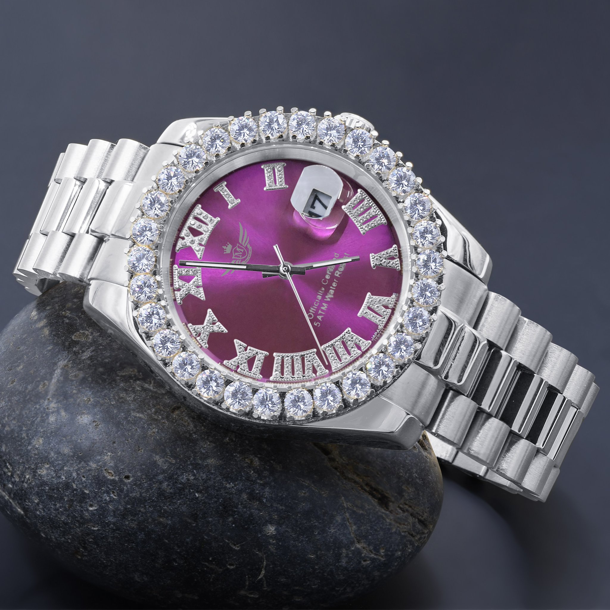 OVERLORD Steel CZ Watch featuring cubic zirconia, stainless steel, and adjustable links, elegantly designed for style and durability.