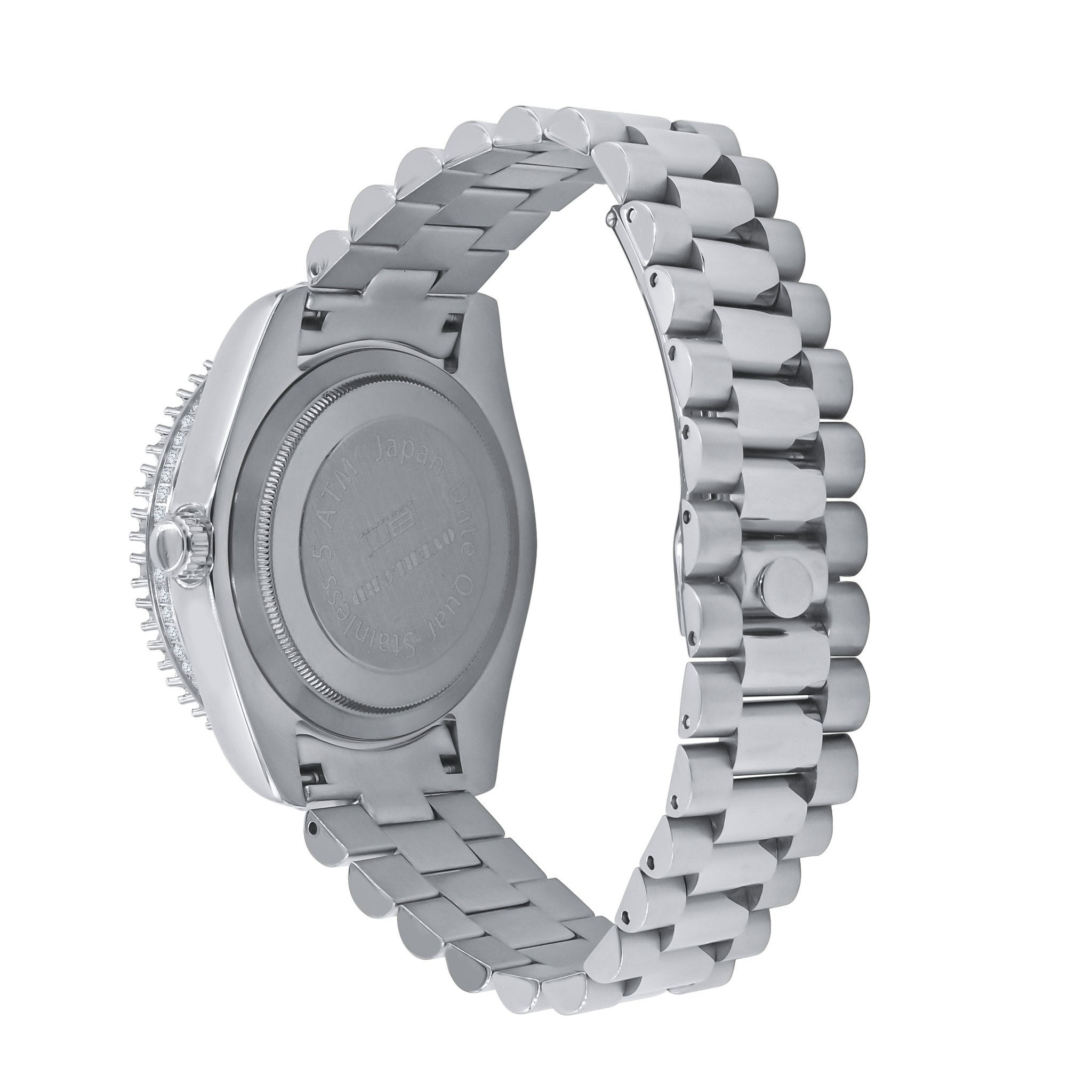 OVERLORD Steel CZ Watch featuring cubic zirconia, stainless steel, and adjustable links, elegantly designed for style and durability.