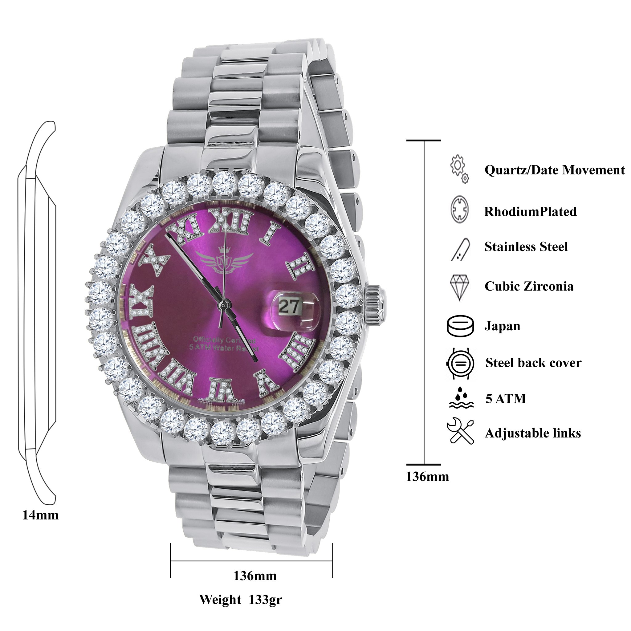 OVERLORD Steel CZ Watch featuring cubic zirconia, stainless steel, and adjustable links, elegantly designed for style and durability.