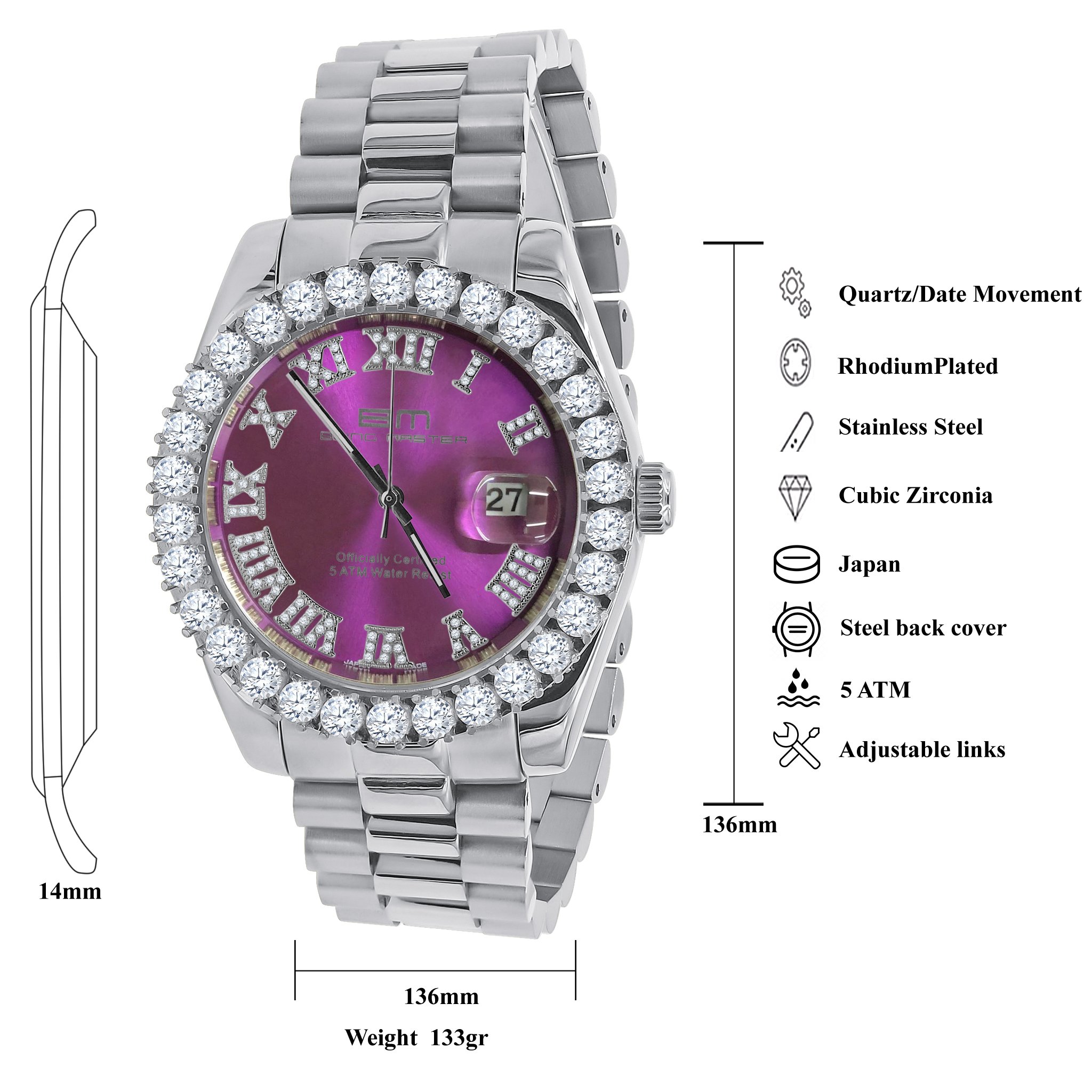 OVERLORD Steel CZ Watch featuring cubic zirconia, stainless steel, and adjustable links, elegantly designed for style and durability.