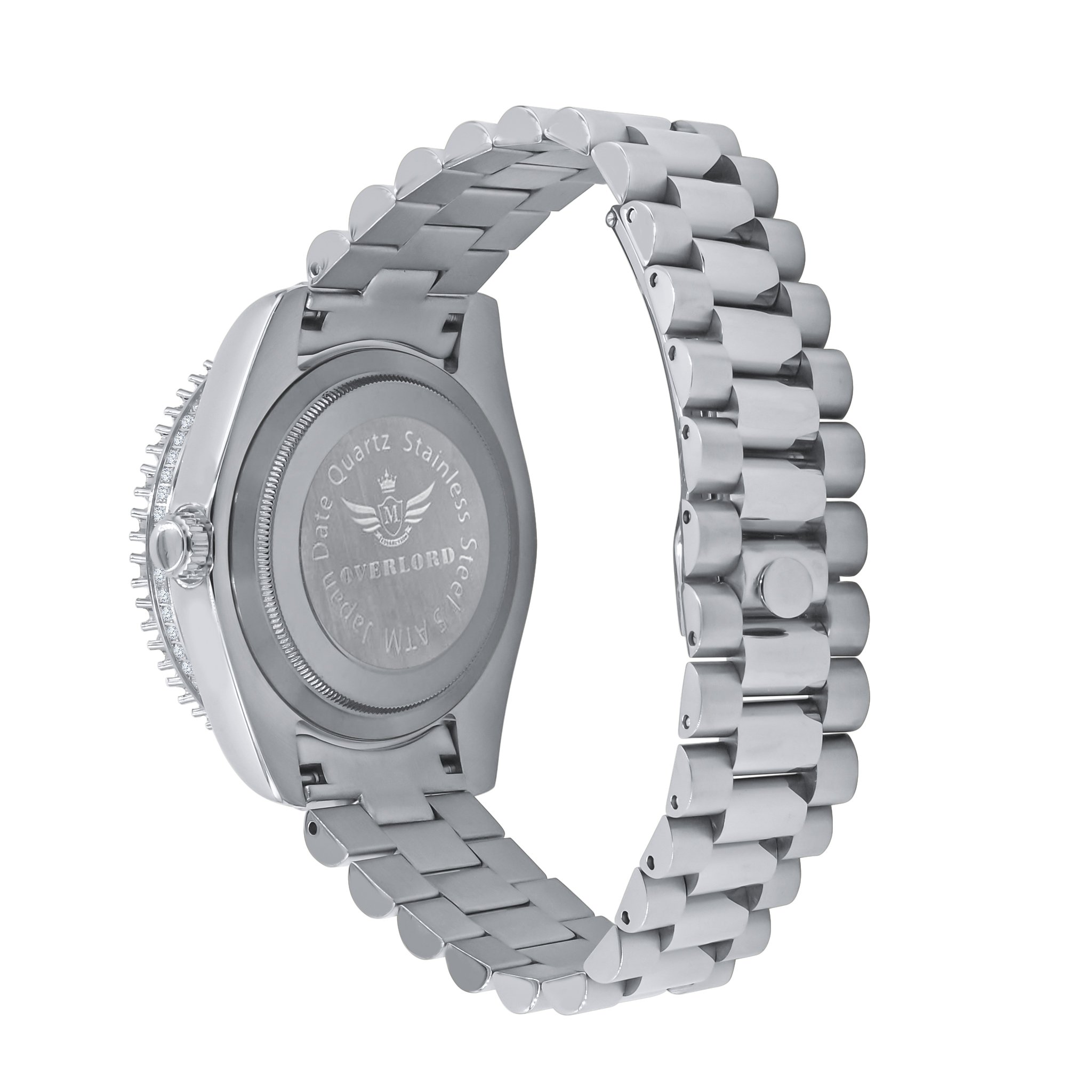 OVERLORD Steel CZ Watch featuring cubic zirconia, stainless steel, and adjustable links, elegantly designed for style and durability.