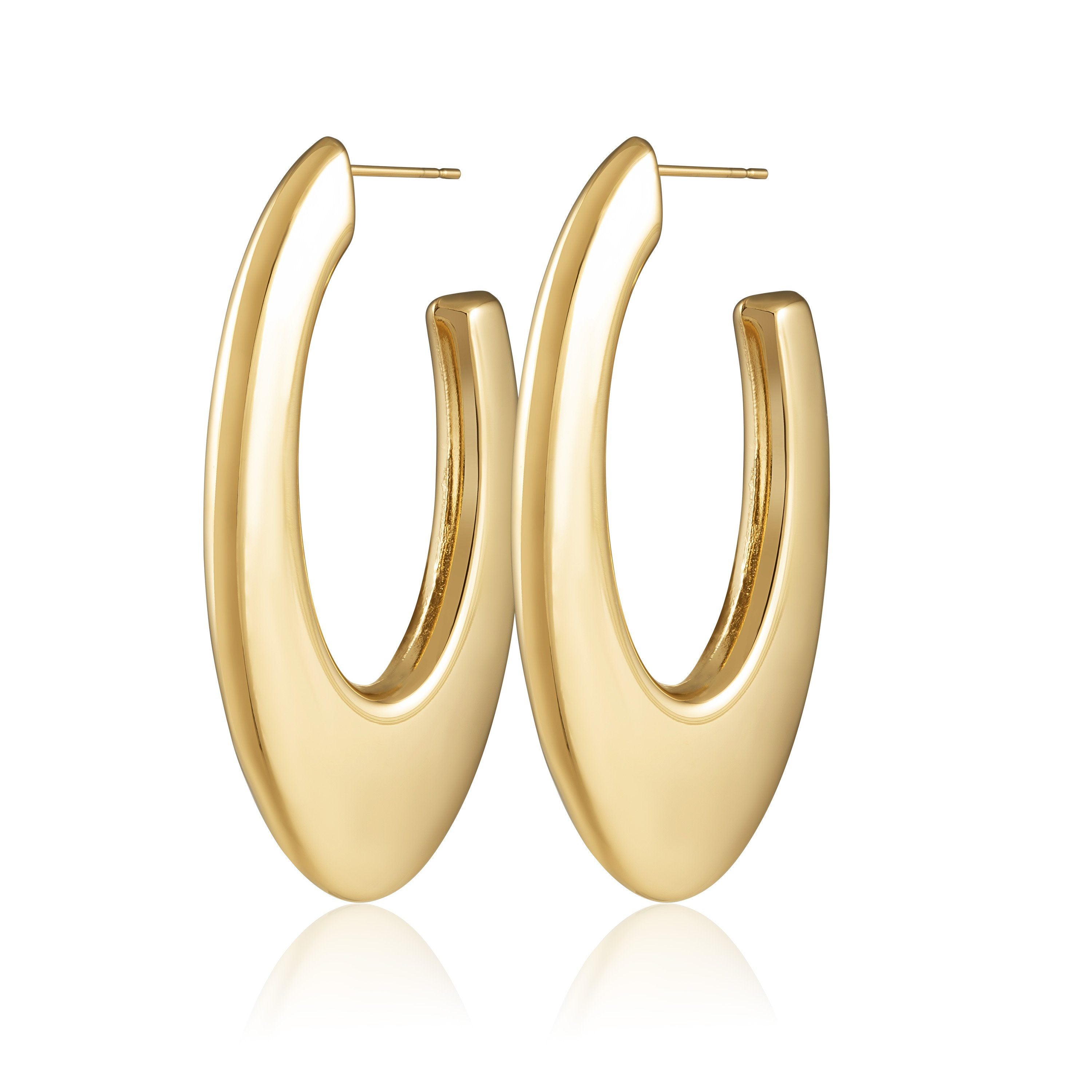 Owen Hoop Large earrings featuring a 2.5-inch diameter, 18k gold plated stainless steel, showcasing a stylish and elegant design.