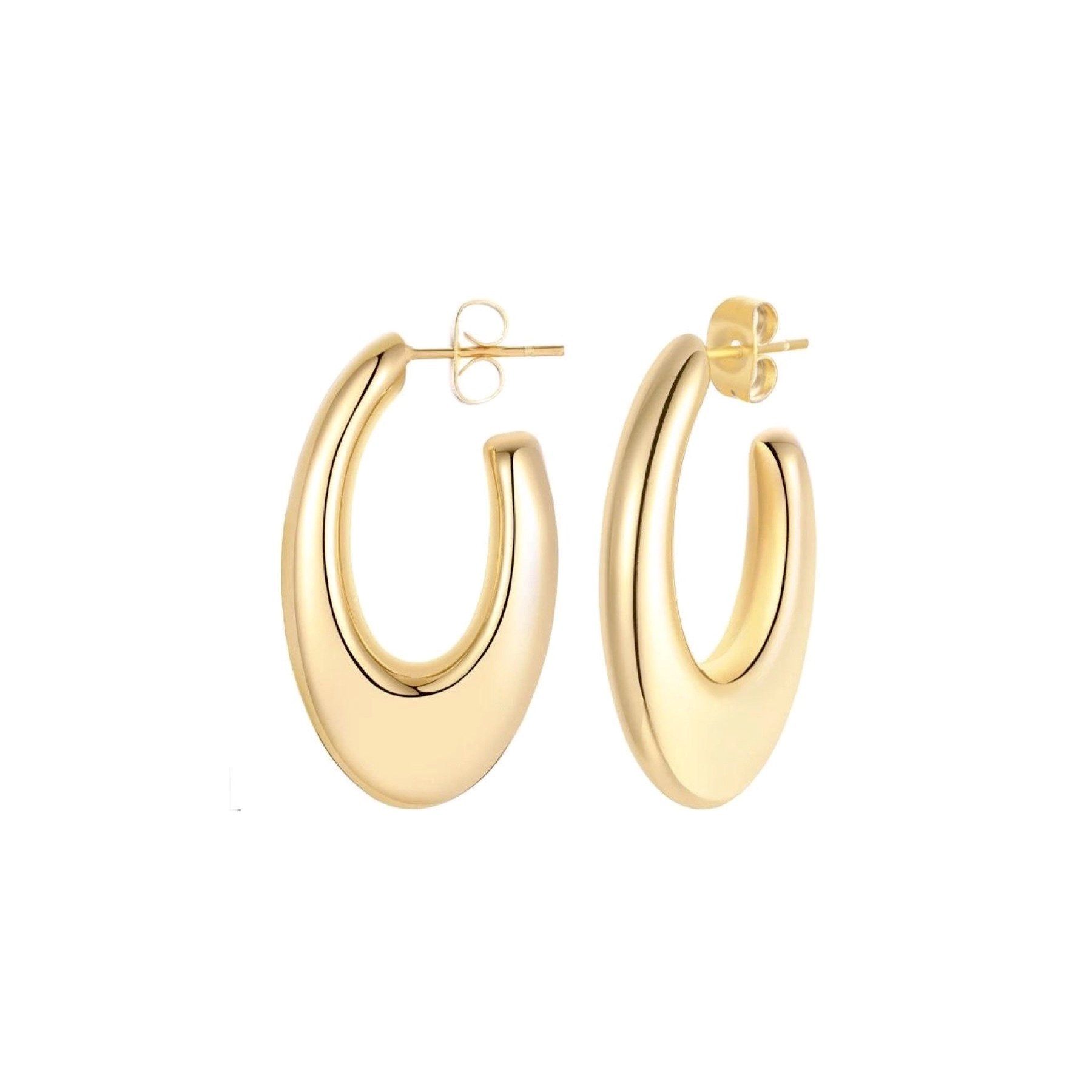 Owen Hoop Small earrings, 18k gold plated, 30mm size, hypoallergenic and tarnish resistant, showcasing elegant design.