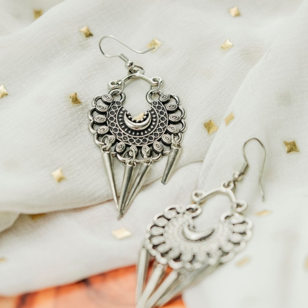 Oxidised Intricate Colourful Silver Plated Bohemian Indian Asian Drop Jhumkis with intricate designs and vibrant colors.