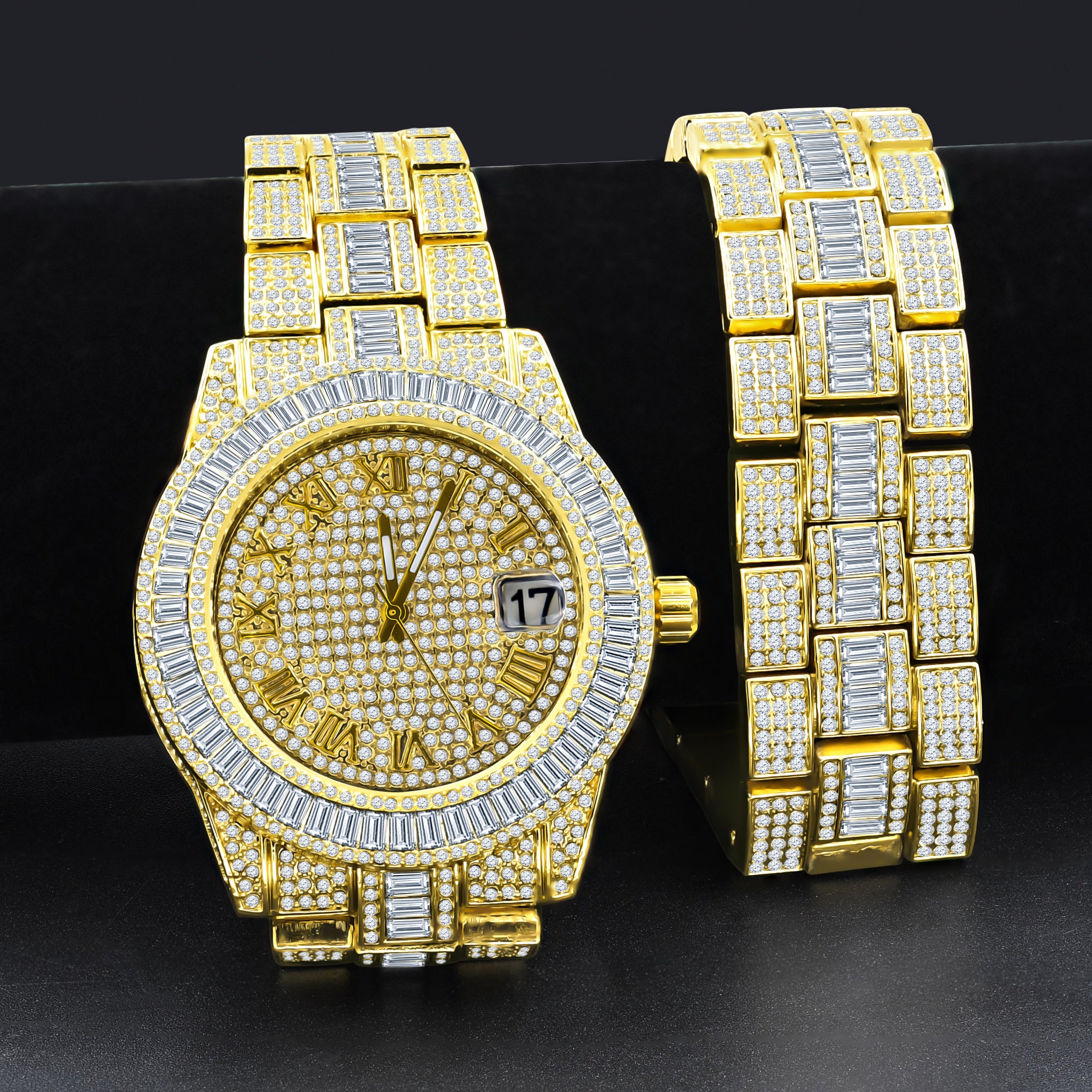 Oyster Crystal Stones Watch Set featuring a minimalist design with sparkling crystals and a Roman numeral dial.