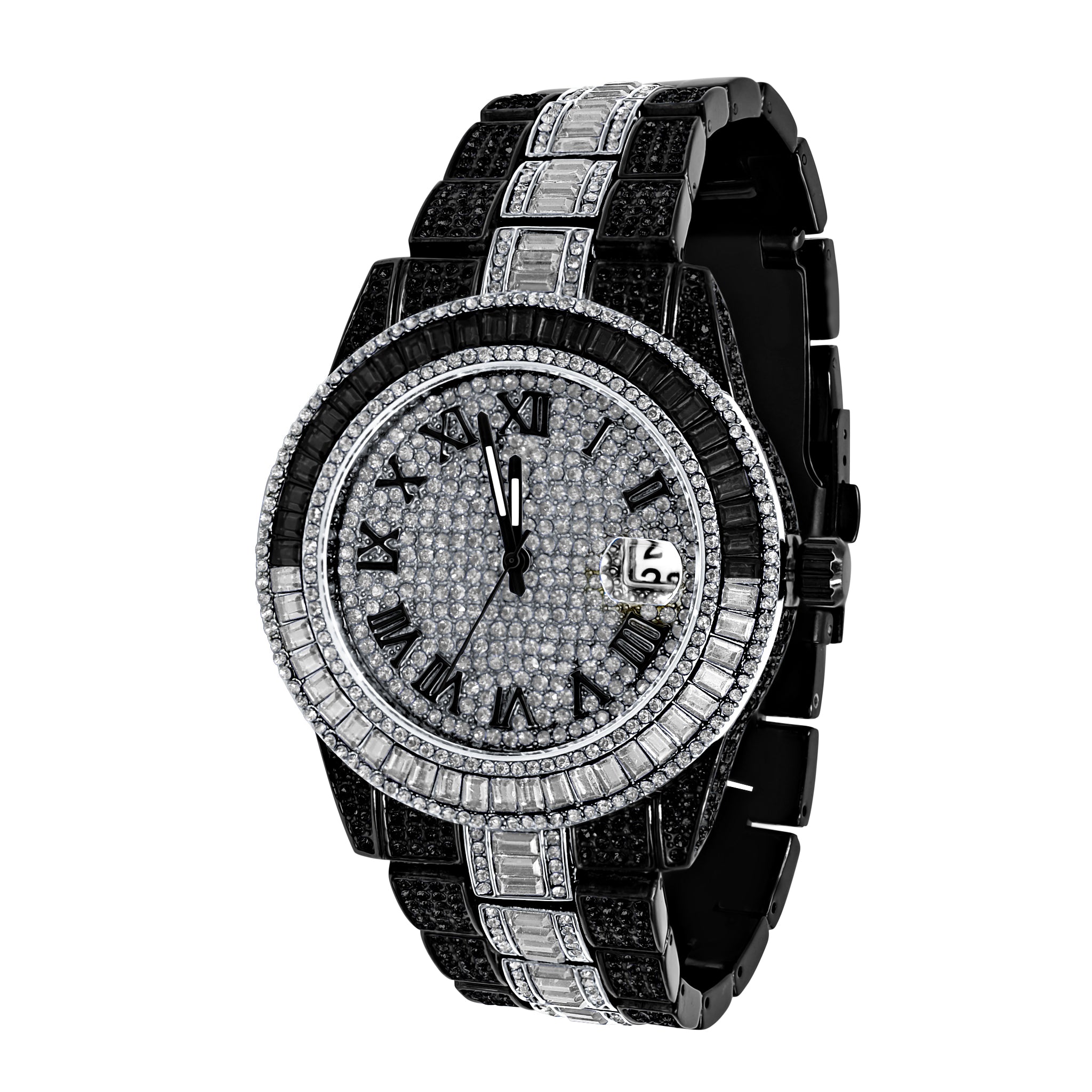 Oyster Hip Hop Metal Watch featuring a crystal bezel and adjustable metal band, showcasing luxury and modern design.