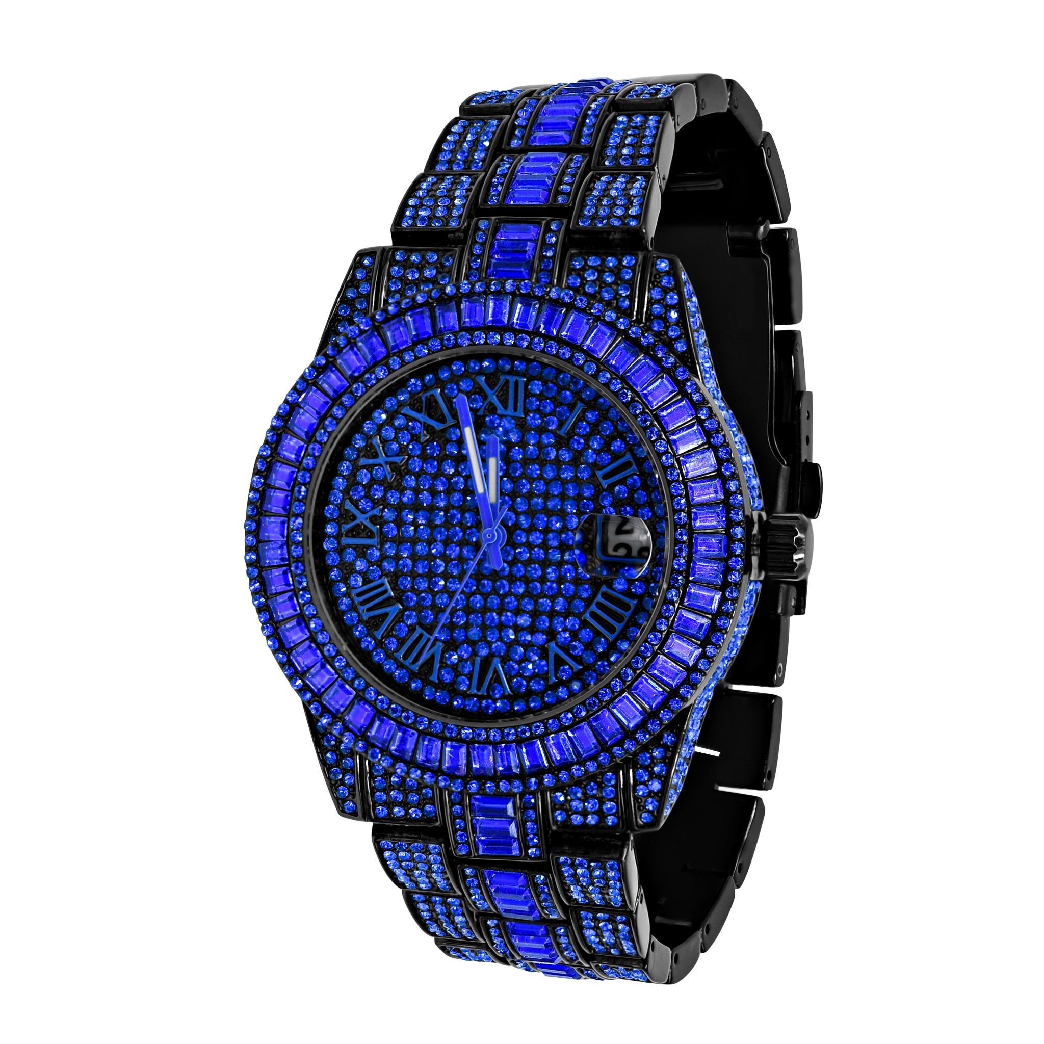 Oyster Hip Hop Metal Watch featuring a crystal bezel and metal band, showcasing intricate stone designs.