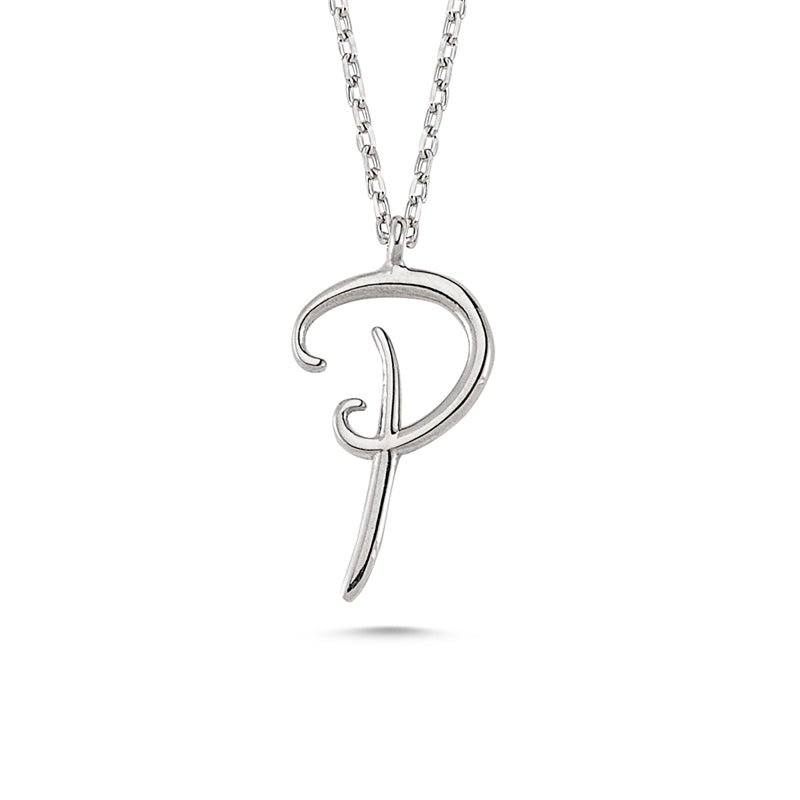 P Letter Mini Initial Silver Necklace featuring a delicate 'P' pendant on a sterling silver chain, available in rose gold or rhodium plating.