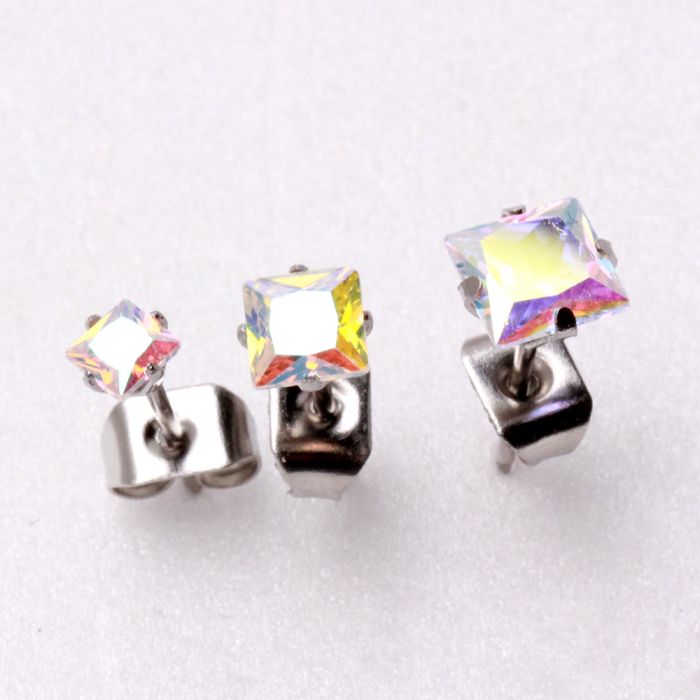 A pair of elegant 316L stainless steel stud earrings featuring princess cut Aurora Borealis cubic zirconia stones, showcasing vibrant colors.