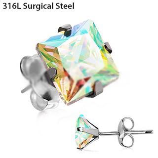 A pair of elegant 316L stainless steel stud earrings featuring princess cut Aurora Borealis cubic zirconia stones, showcasing vibrant colors.