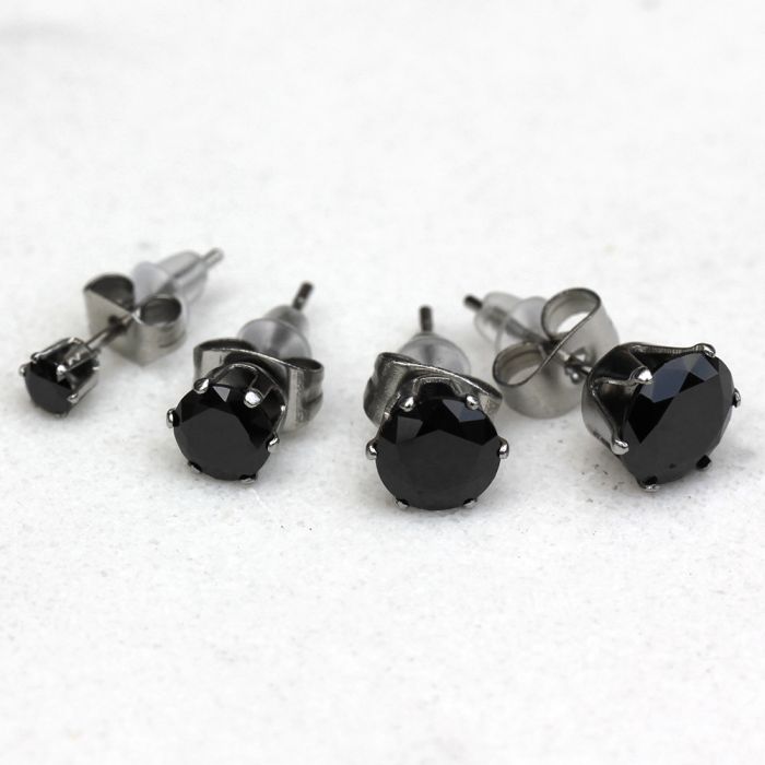 A pair of elegant 316L surgical steel black round CZ stud earrings with sparkling cubic zirconia stones.