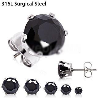 A pair of elegant 316L surgical steel black round CZ stud earrings with sparkling cubic zirconia stones.