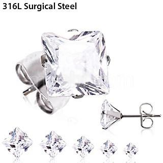 A pair of elegant 316L surgical steel stud earrings featuring clear princess cut cubic zirconia stones, showcasing their brilliant sparkle.