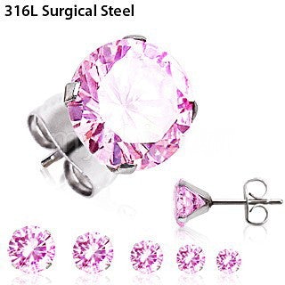 A pair of elegant 316L surgical steel pink round cubic zirconia stud earrings, showcasing their sparkling stones and secure clutches.