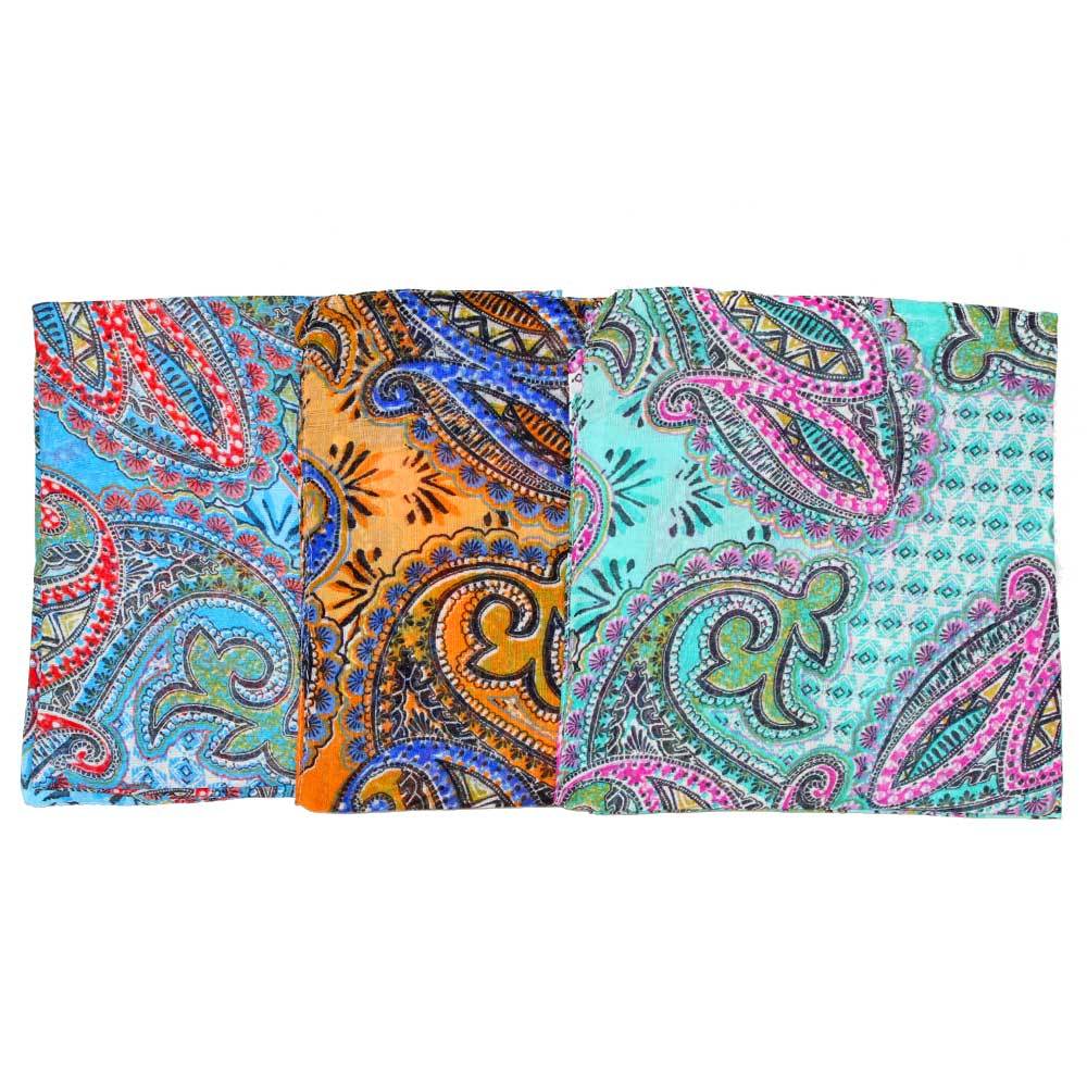 A vibrant paisley print pattern cotton scarf, showcasing intricate designs in a blend of colors, perfect for spring and summer fashion.