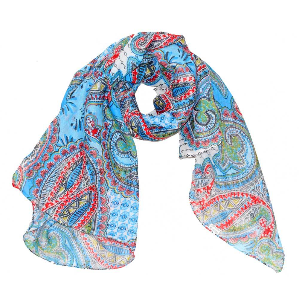 A vibrant paisley print pattern cotton scarf, showcasing intricate designs in a blend of colors, perfect for spring and summer fashion.