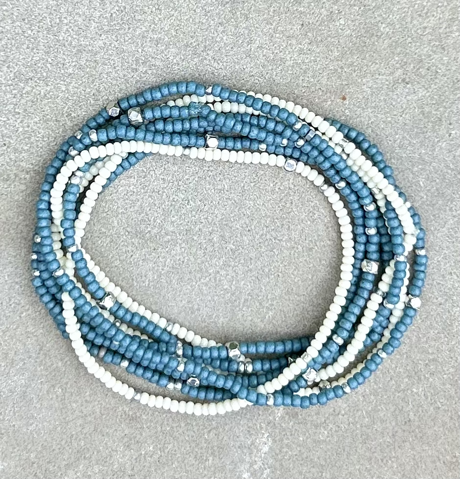 Pale blue and silver-sprinkled beaded boho wrap bracelet, showcasing high-quality MIYUKI glass seed beads with a layered design.