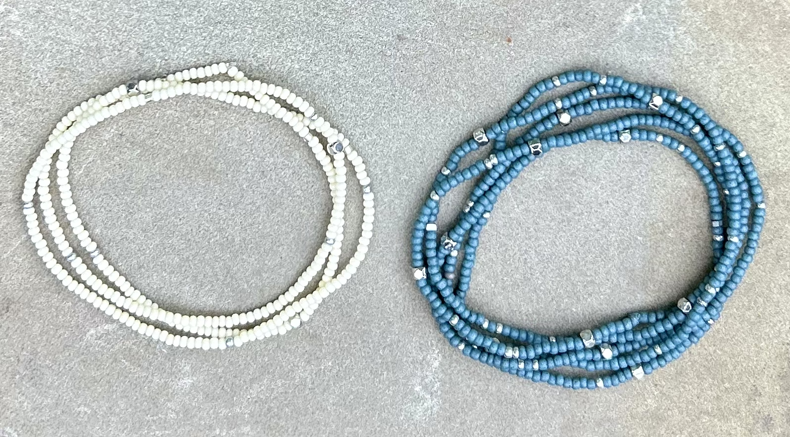 Pale blue and silver-sprinkled beaded boho wrap bracelet, showcasing high-quality MIYUKI glass seed beads with a layered design.