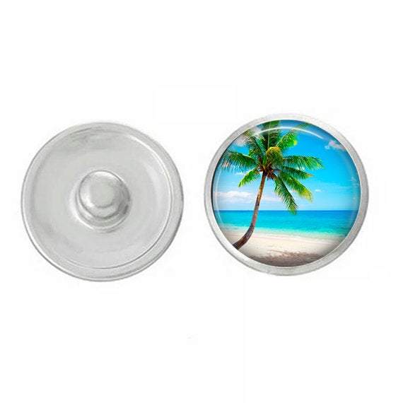 Palm Tree Sunset Beach Snap jewelry charm featuring a vibrant sunset design, perfect for interchangeable snap jewelry collections.