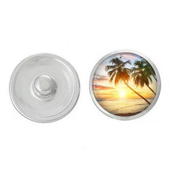 Palm Tree Sunset Beach Snap featuring vibrant sunset colors and palm tree design, perfect for jewelry customization.