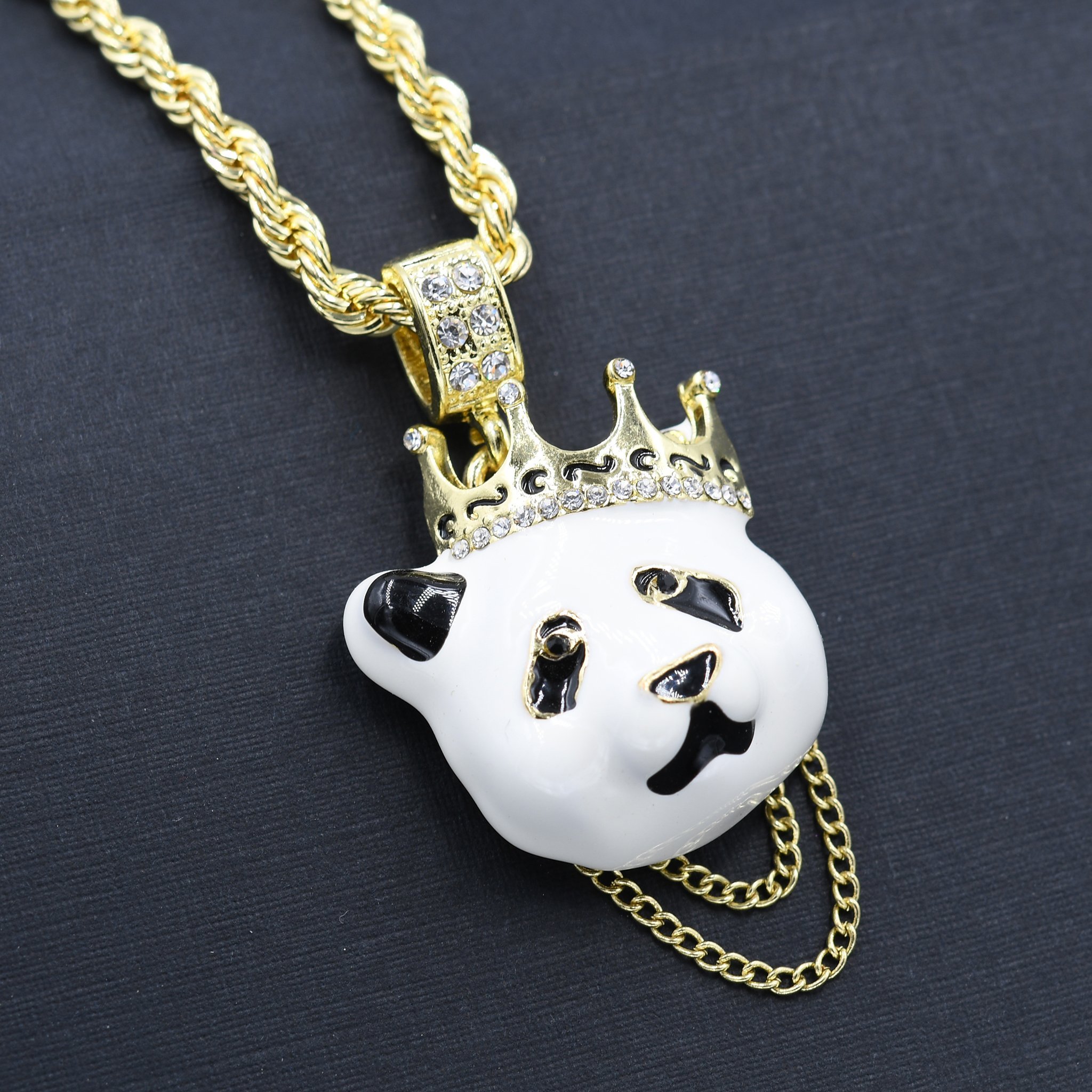 PANDA CHAIN AND CHARM featuring a crystal-studded pendant on a 24'' rope chain, showcasing intricate design and elegance.