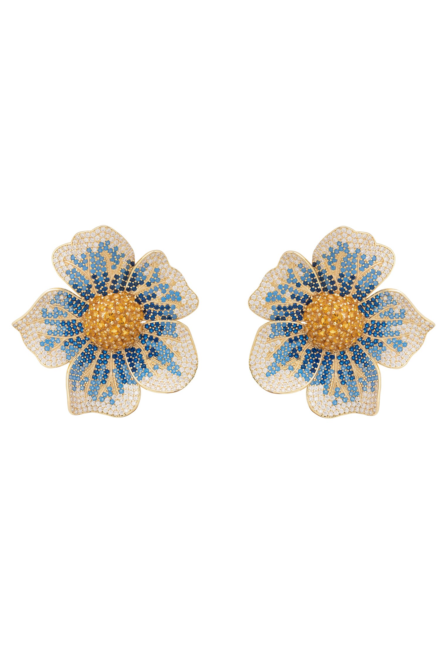 Elegant Pansy Flower Blue Earrings with cubic zirconia and gold finish, showcasing a vibrant floral design.