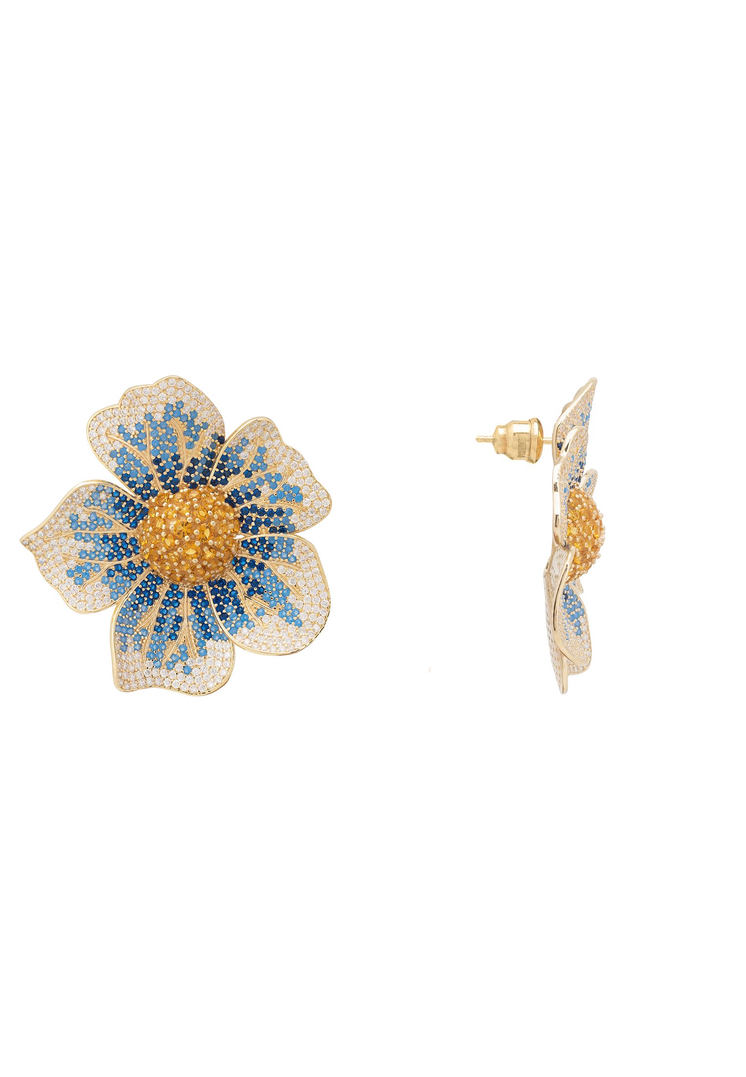 Elegant Pansy Flower Blue Earrings with cubic zirconia and gold finish, showcasing a vibrant floral design.