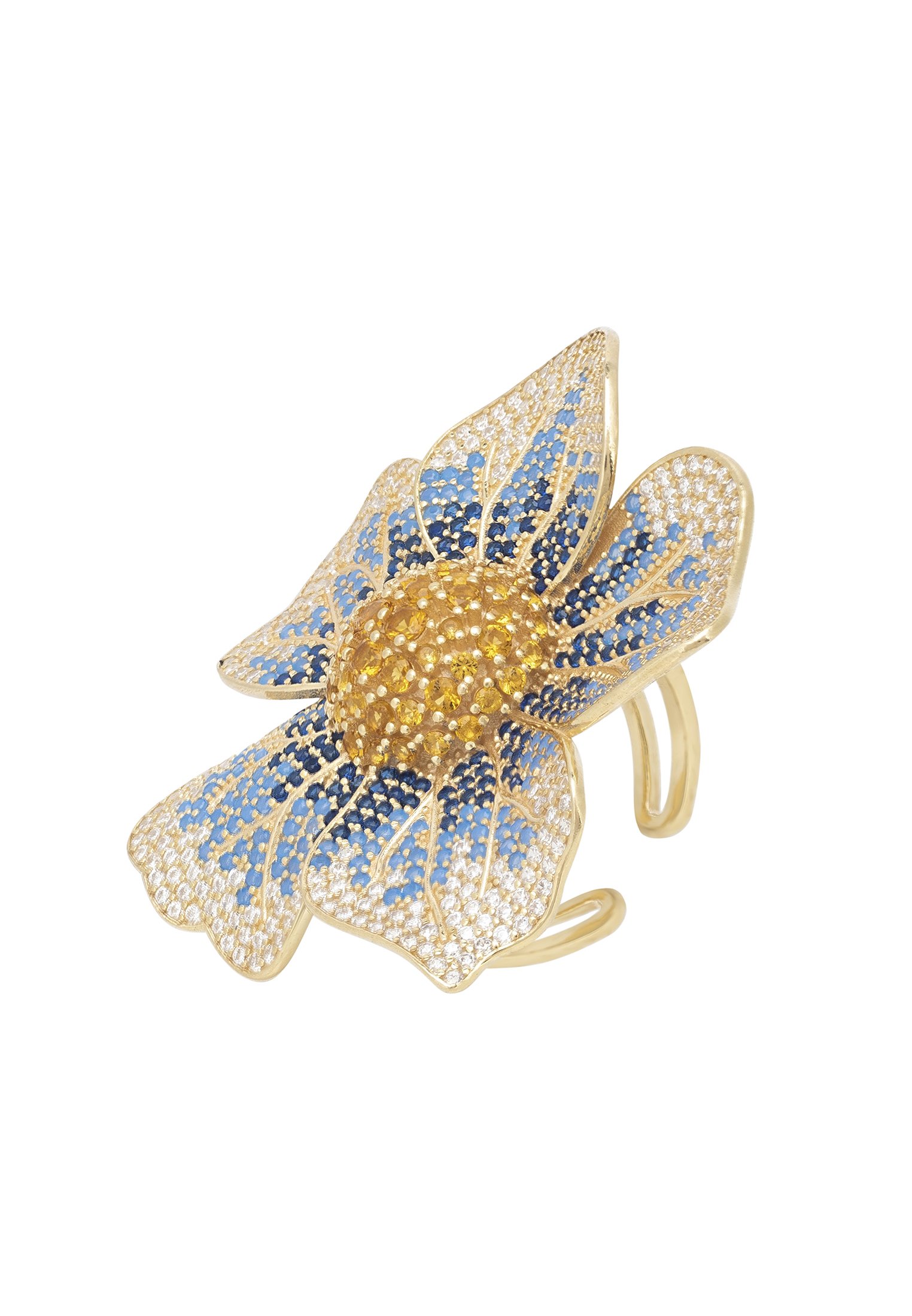 A beautiful Pansy Flower Blue Ring Gold featuring cubic zirconia petals in shades of blue and white, with a vibrant yellow center, set in 22ct gold.