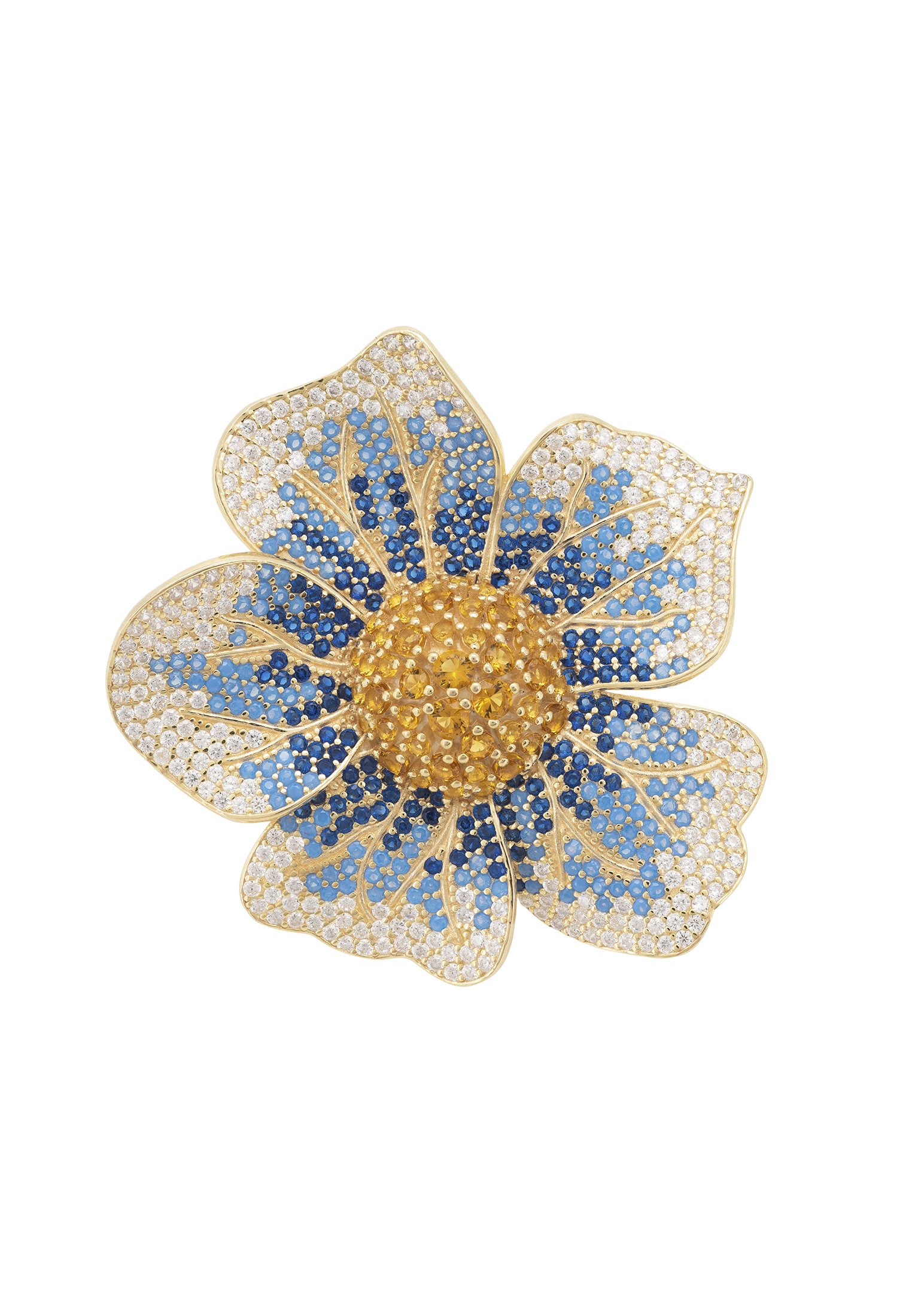 A beautiful Pansy Flower Blue Ring Gold featuring cubic zirconia petals in shades of blue and white, with a vibrant yellow center, set in 22ct gold.