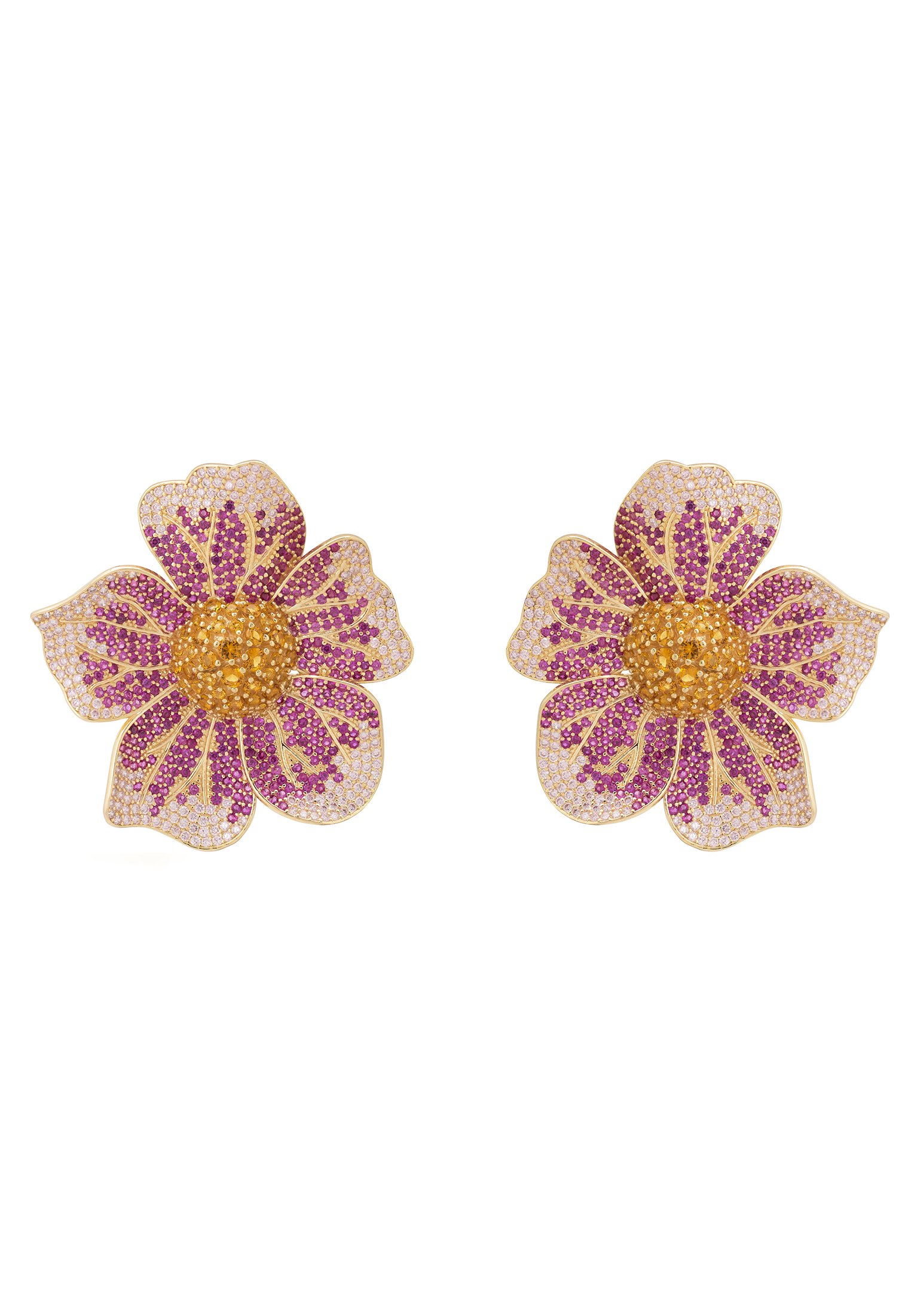 Elegant Pansy Flower Pink Earrings featuring cubic zirconia and gold finish, showcasing a vibrant floral design.