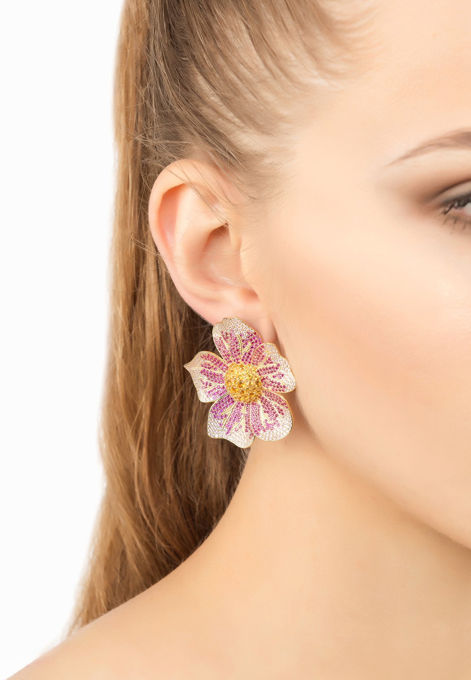 Elegant Pansy Flower Pink Earrings featuring cubic zirconia and gold finish, showcasing a vibrant floral design.