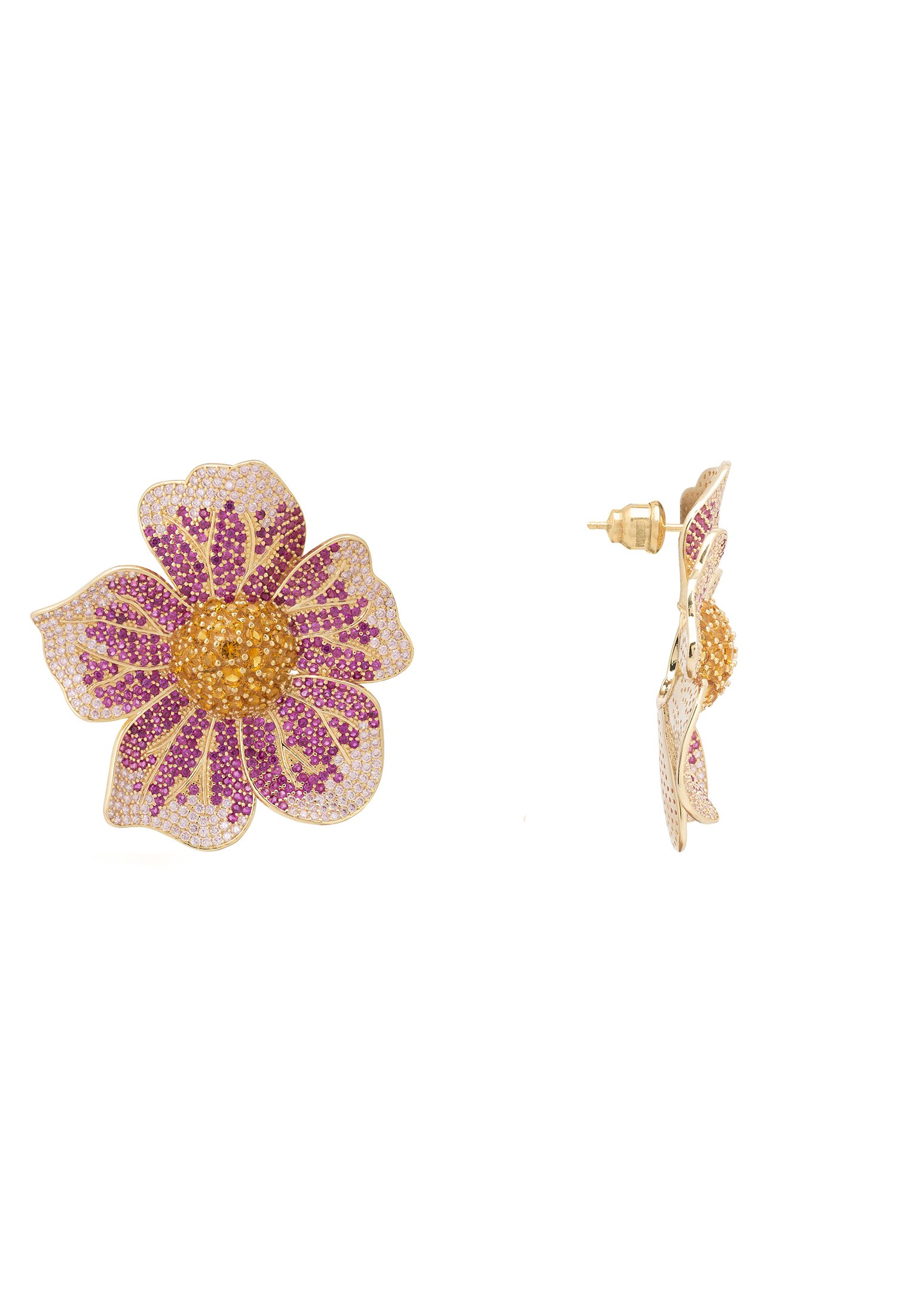 Elegant Pansy Flower Pink Earrings featuring cubic zirconia and gold finish, showcasing a vibrant floral design.