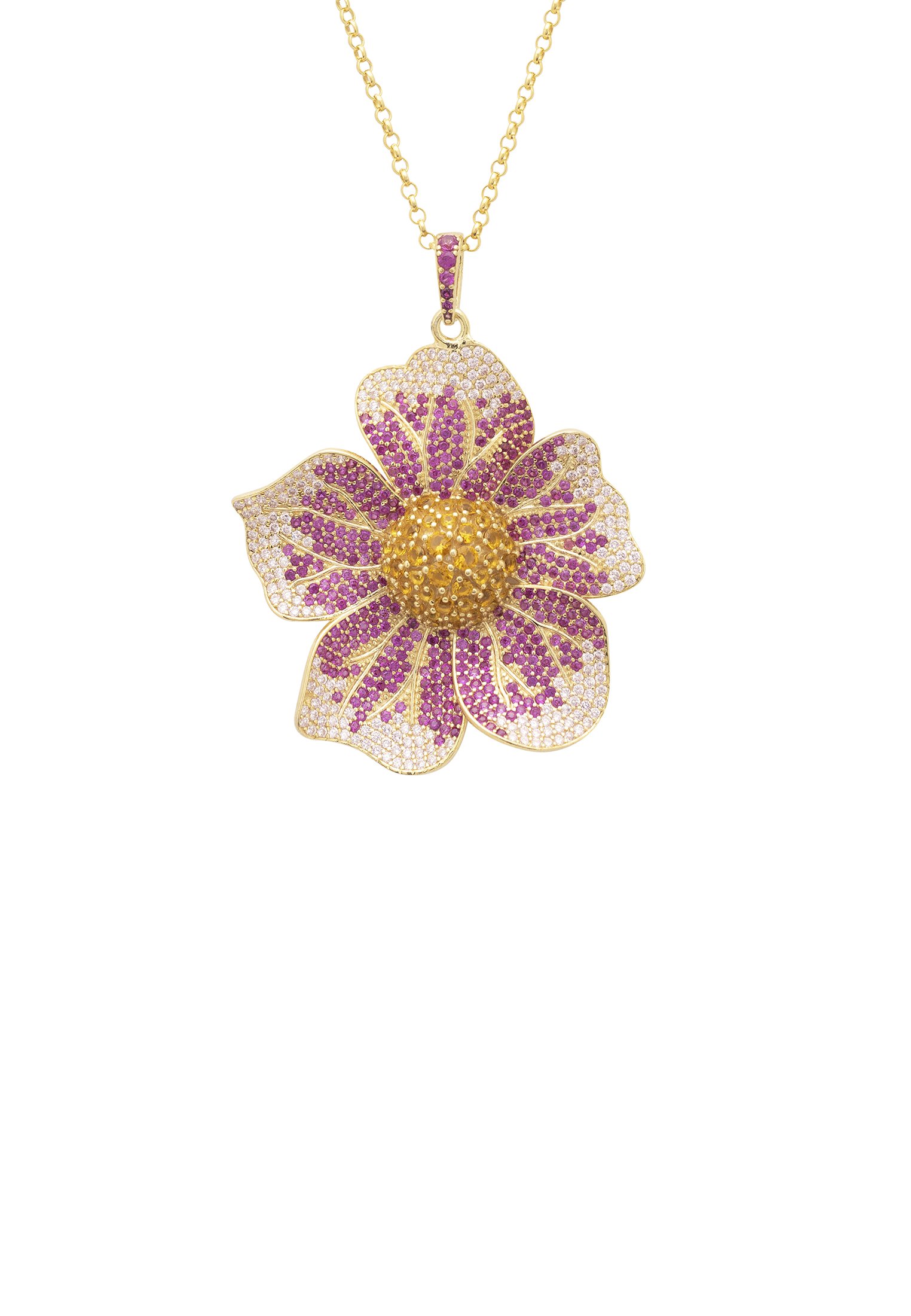 Elegant Pansy Flower Pink Necklace Gold with cubic zirconia, featuring a floral pendant design in shades of pink and yellow.