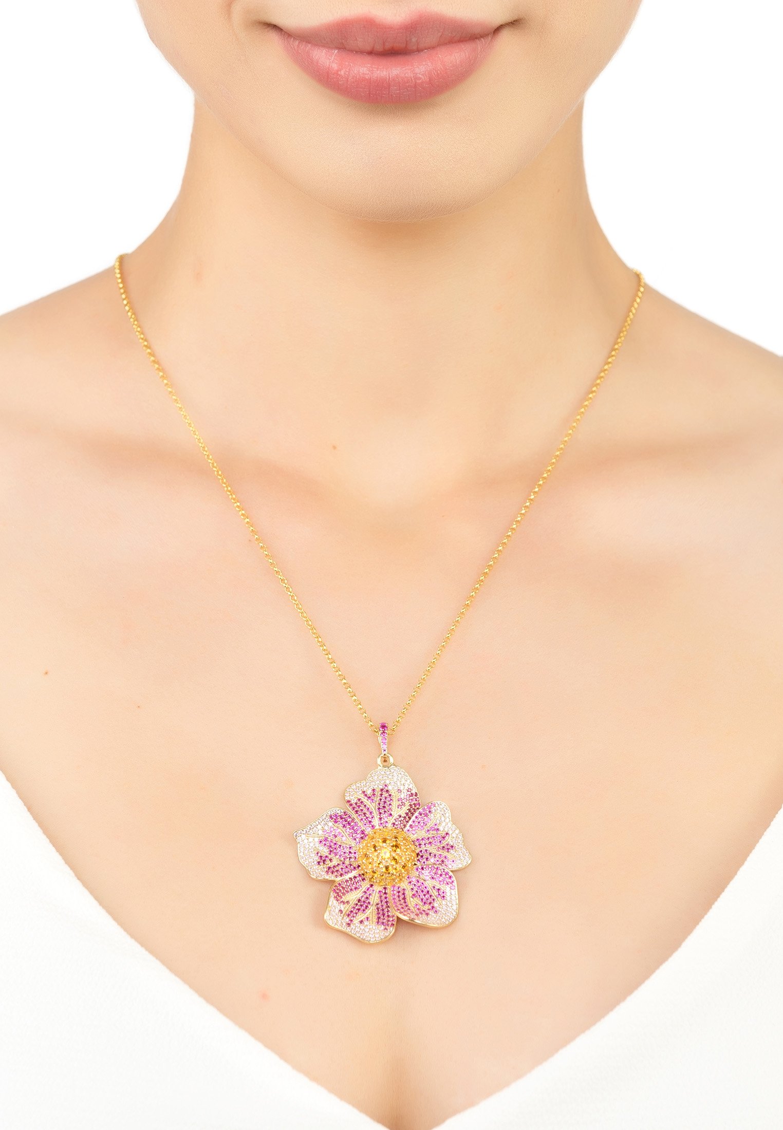 Elegant Pansy Flower Pink Necklace Gold with cubic zirconia, featuring a floral pendant design in shades of pink and yellow.