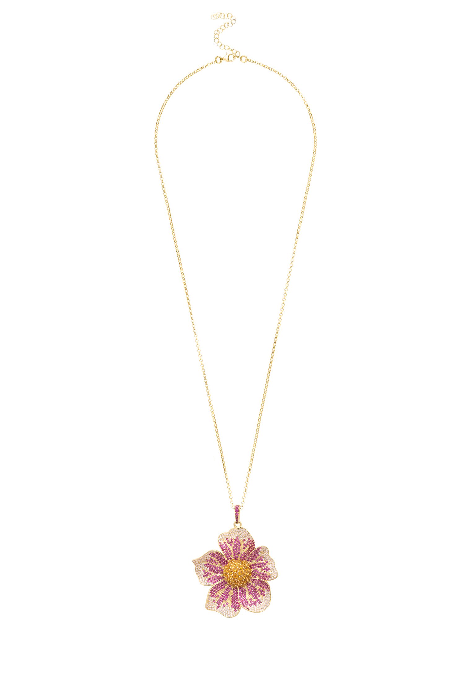 Elegant Pansy Flower Pink Necklace Gold with cubic zirconia, featuring a floral pendant design in shades of pink and yellow.