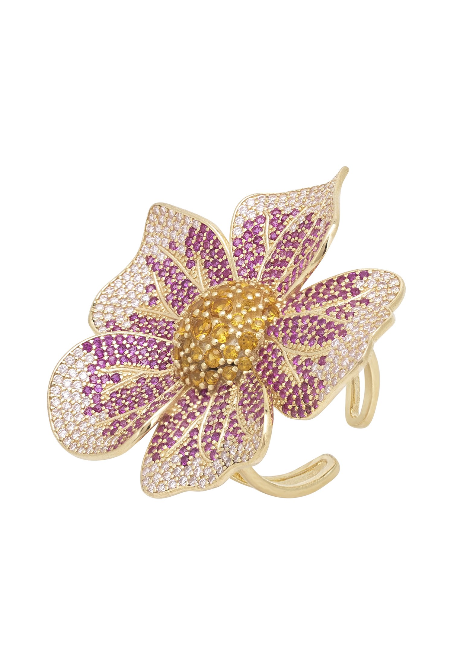 A stunning Pansy Flower Pink Ring Gold featuring vibrant pink petals and a yellow center, adorned with sparkling cubic zirconia.