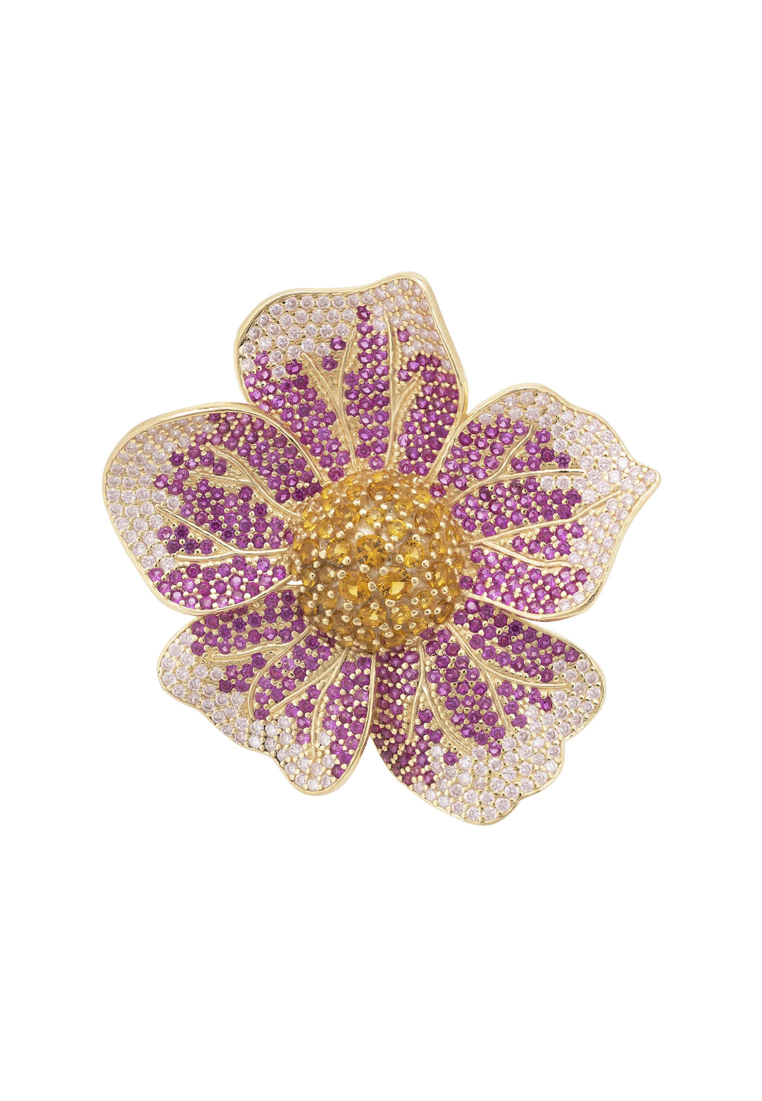 A stunning Pansy Flower Pink Ring Gold featuring vibrant pink petals and a yellow center, adorned with sparkling cubic zirconia.