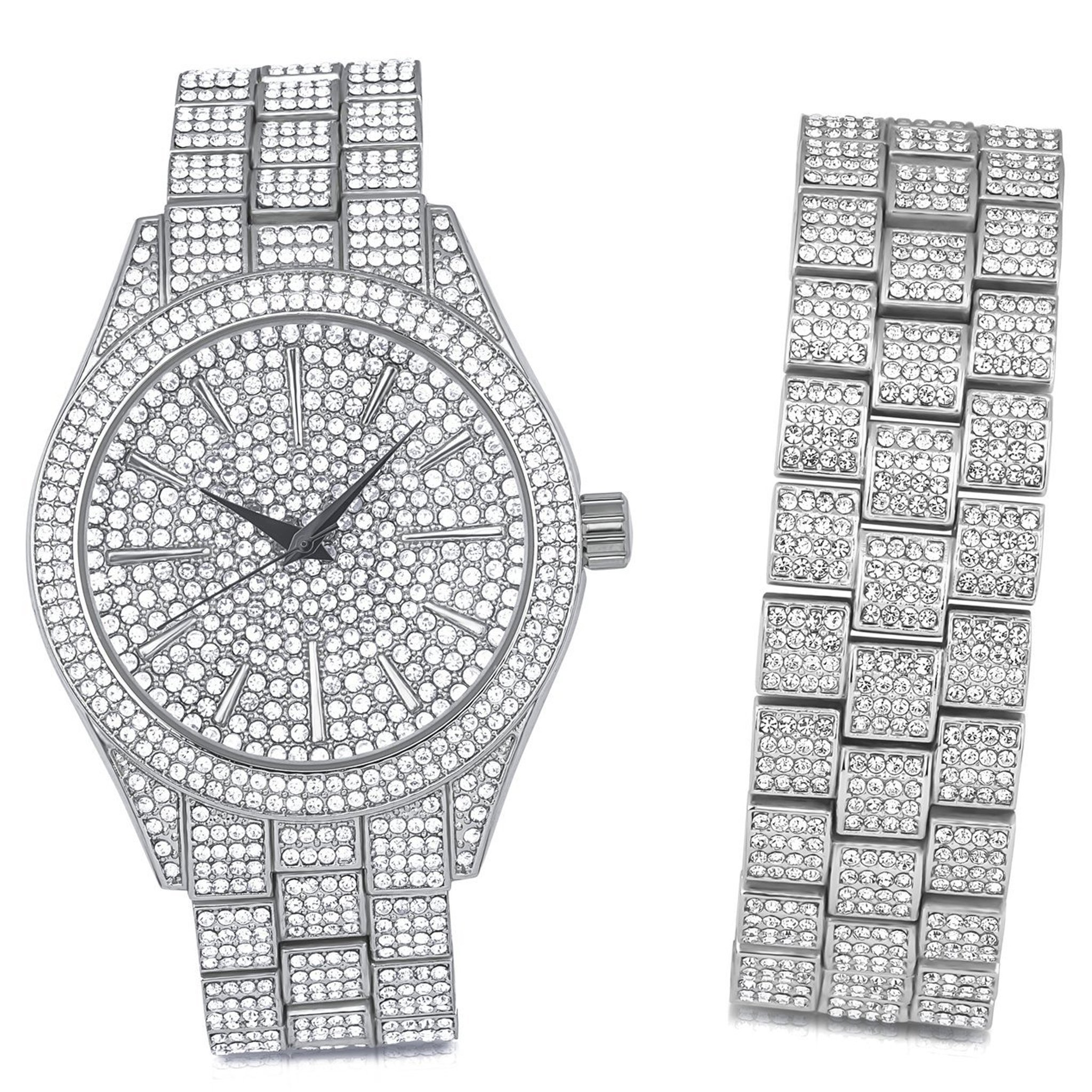 PANTHEON Ice Master Watch Set featuring a luxurious iced out design with rhinestone crystals and a dome-shaped crystal face.