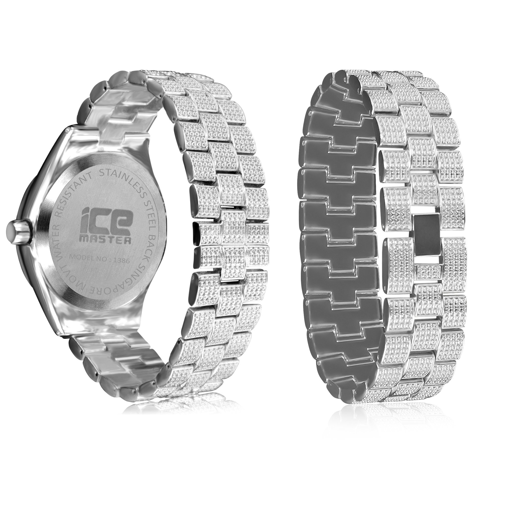 PANTHEON Ice Master Watch Set featuring a luxurious iced out design with rhinestone crystals and a dome-shaped crystal face.