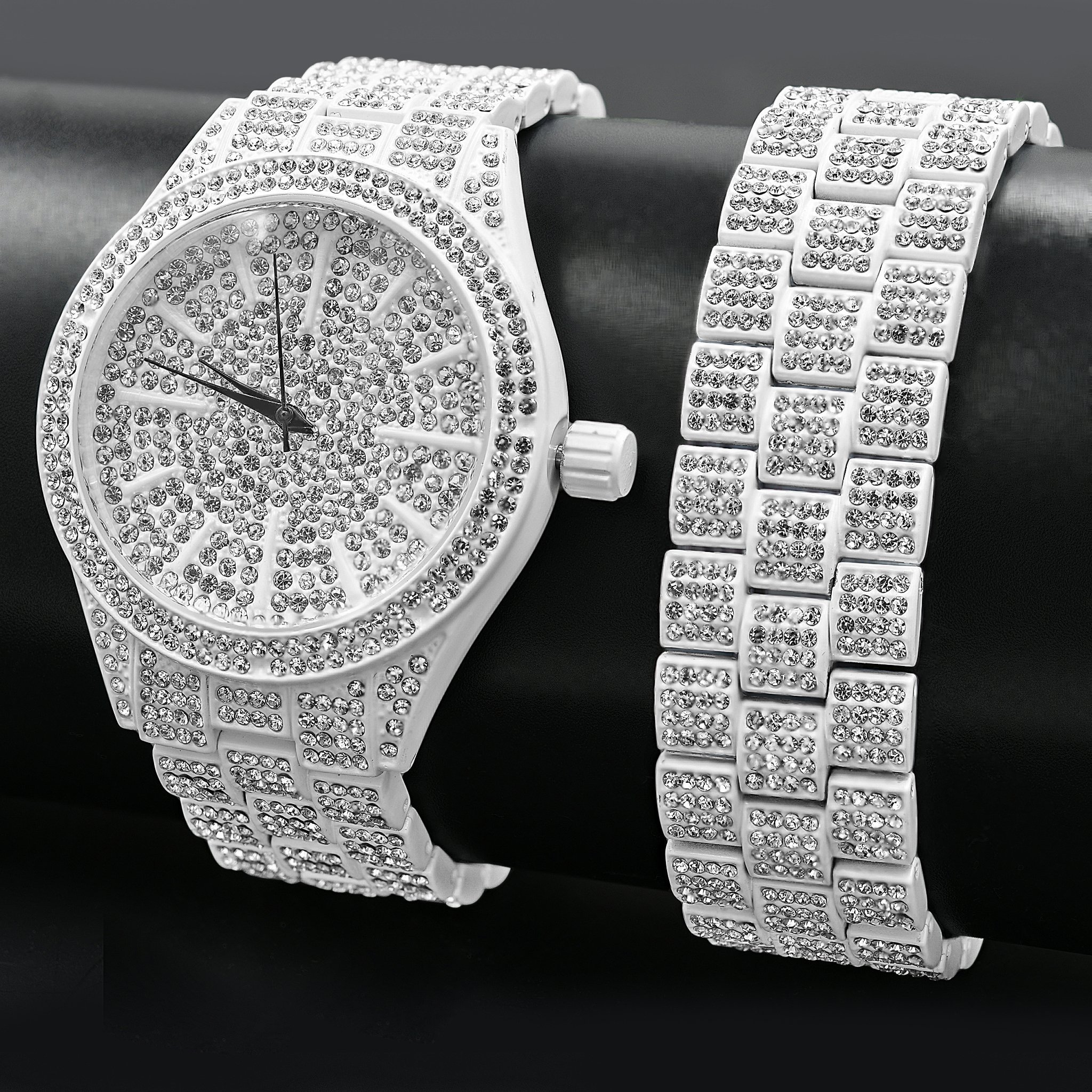 PANTHEON Ice Master Watch Set featuring a luxurious iced-out design with rhinestone crystals and a dome-shaped crystal face.