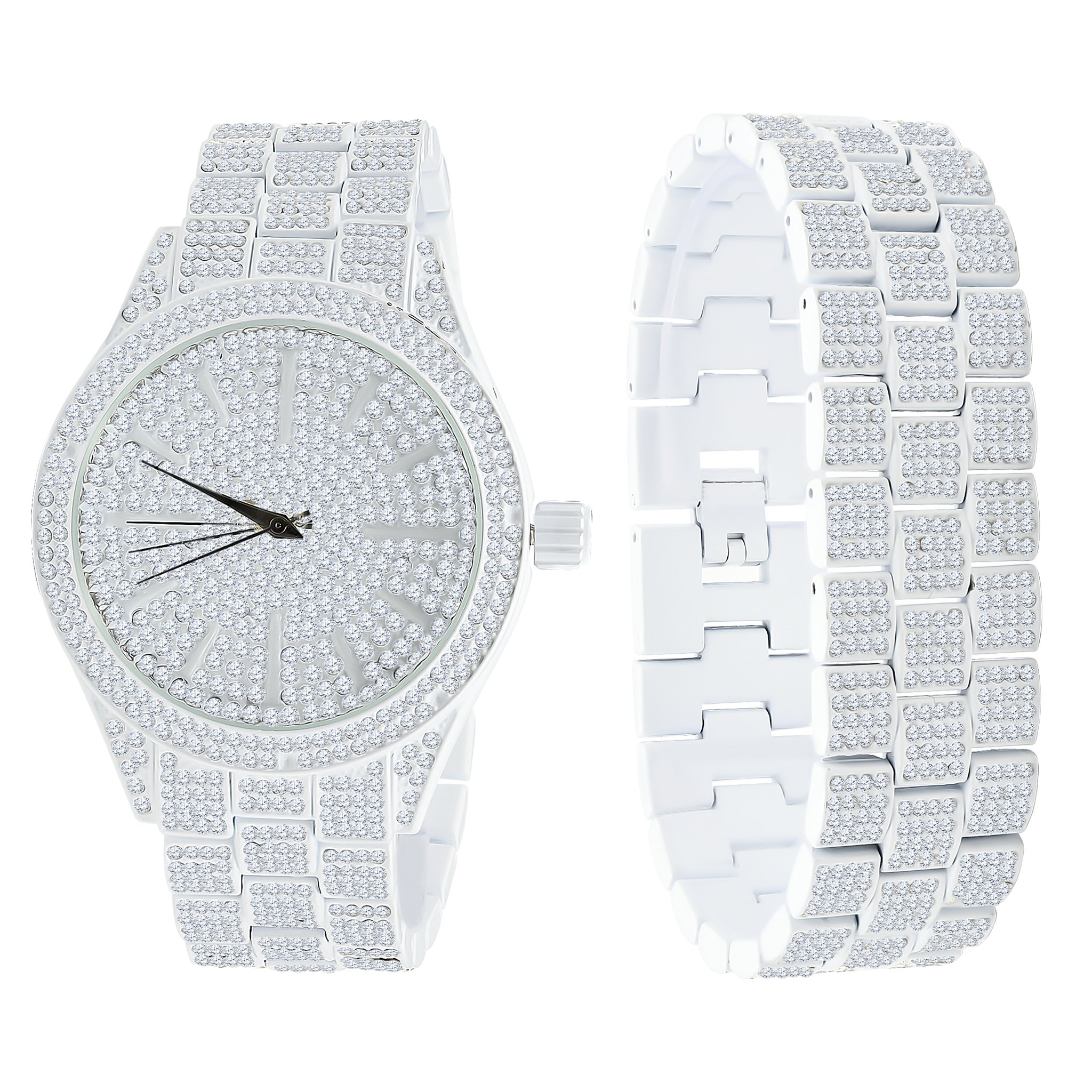 PANTHEON Ice Master Watch Set featuring a luxurious iced-out design with rhinestone crystals and a dome-shaped crystal face.