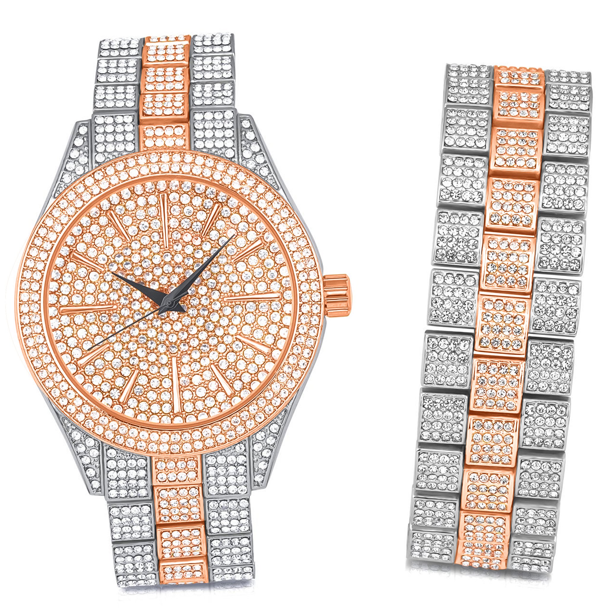 PANTHEON Watch Set featuring a dome-shaped crystal and rhinestone accents, accompanied by a matching bracelet.