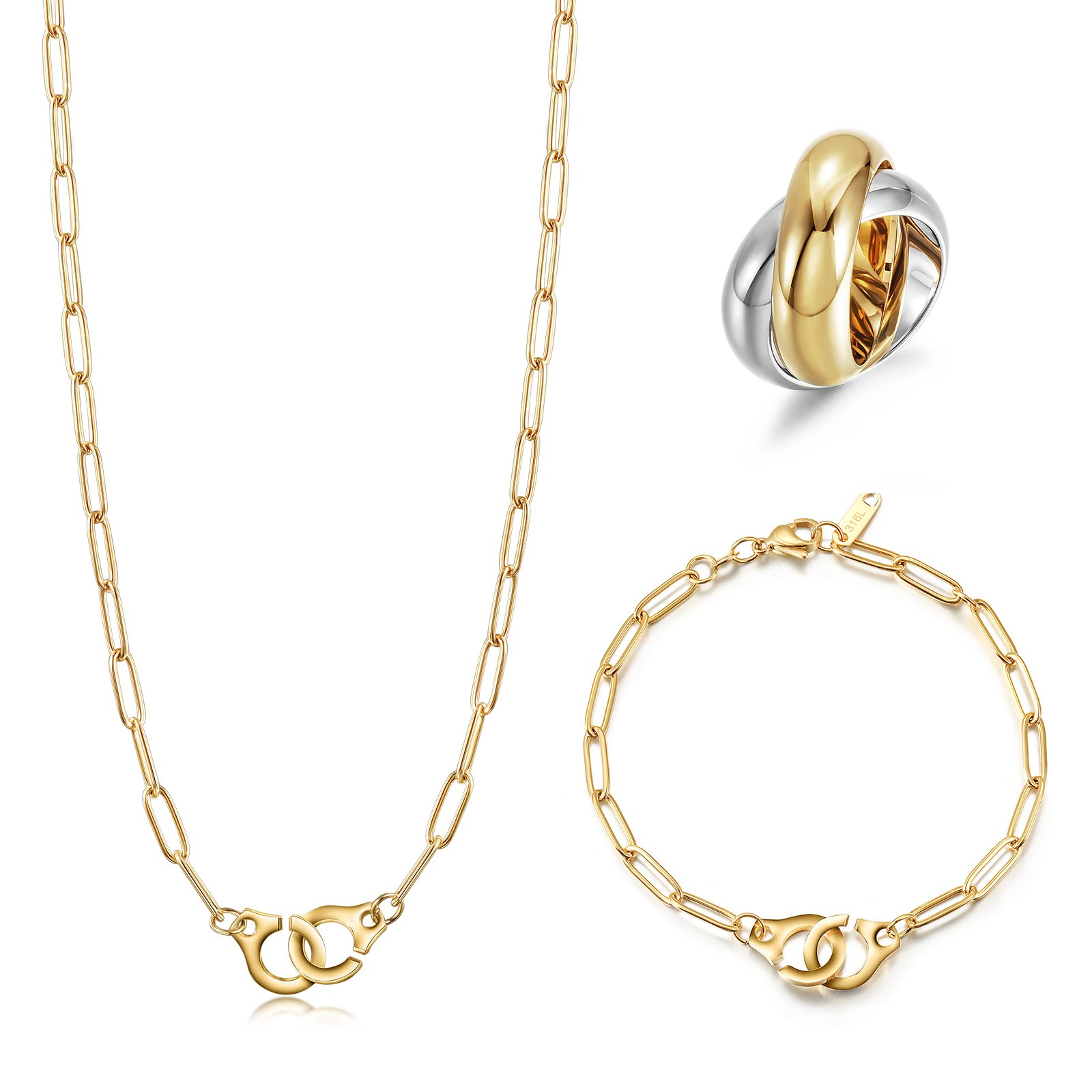 Elegant Paperclip Link Jewelry Set featuring a necklace, bracelet, and ring in a delicate gift box.