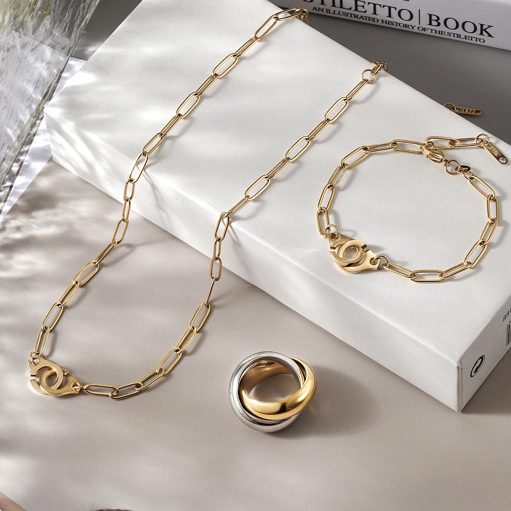 Elegant Paperclip Link Jewelry Set featuring a necklace, bracelet, and ring in a delicate gift box.