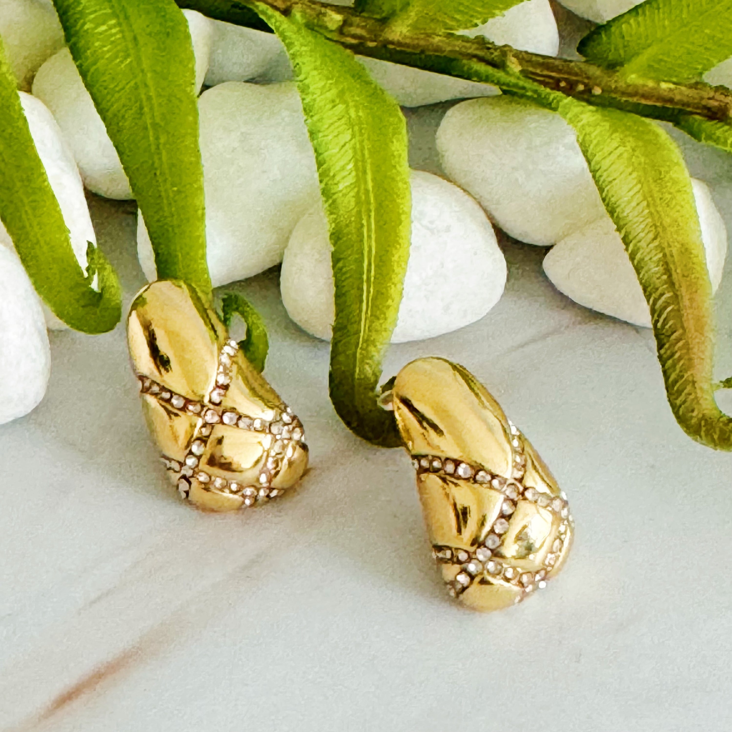 Elegant Pattern Pave Teardrop Stud Earrings with cubic zirconia, 18k gold plated brass, showcasing a unique teardrop design.